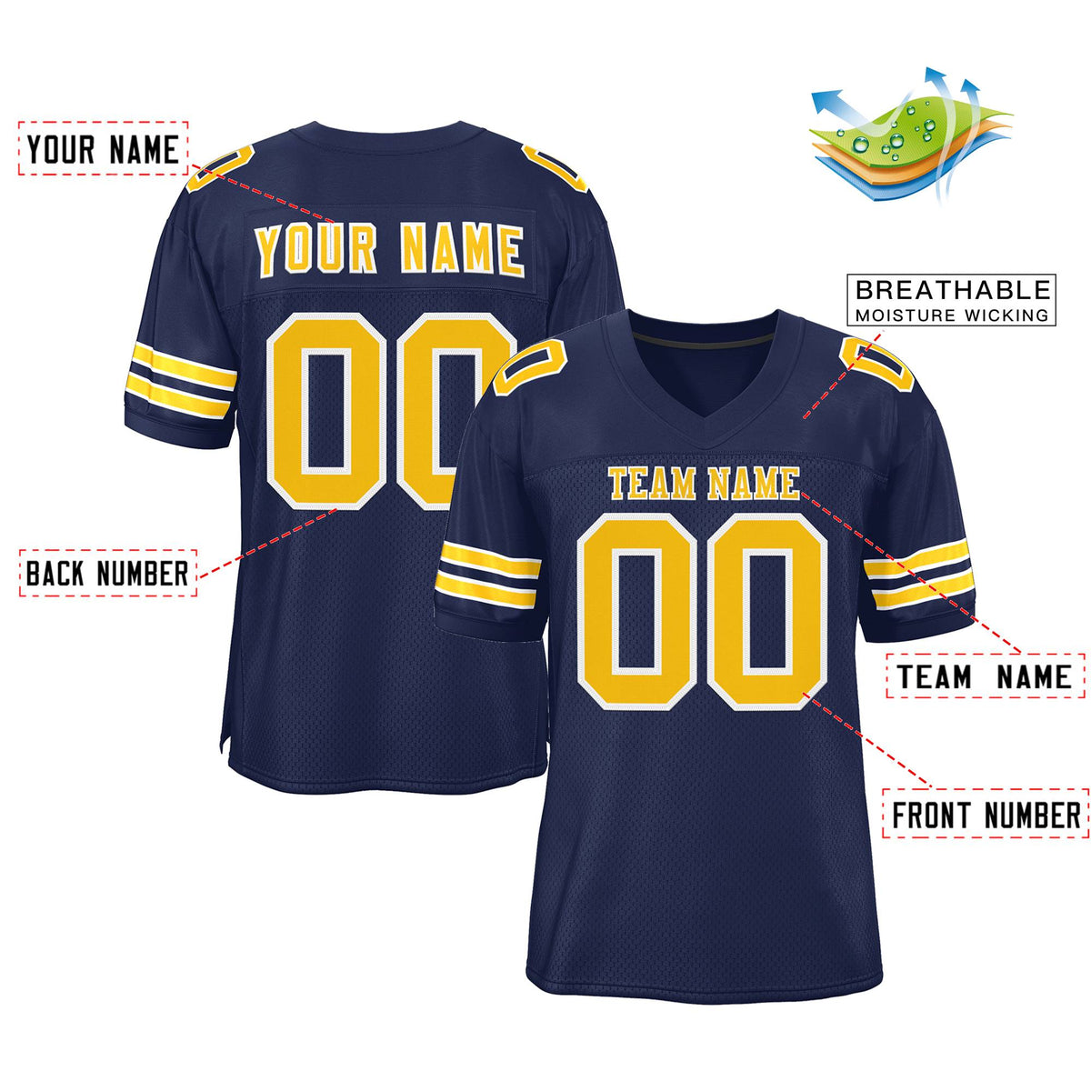 Custom Navy Blue Gold-White Classic Style Mesh Authentic American Football Jersey| KXKSHOP