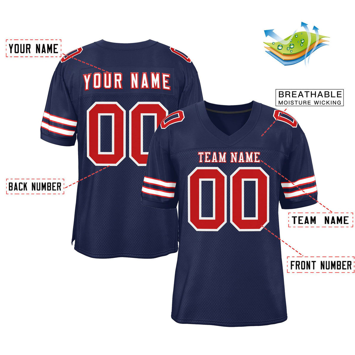 Custom Navy White-Red Classic Style Mesh Authentic American Football Jersey| KXKSHOP