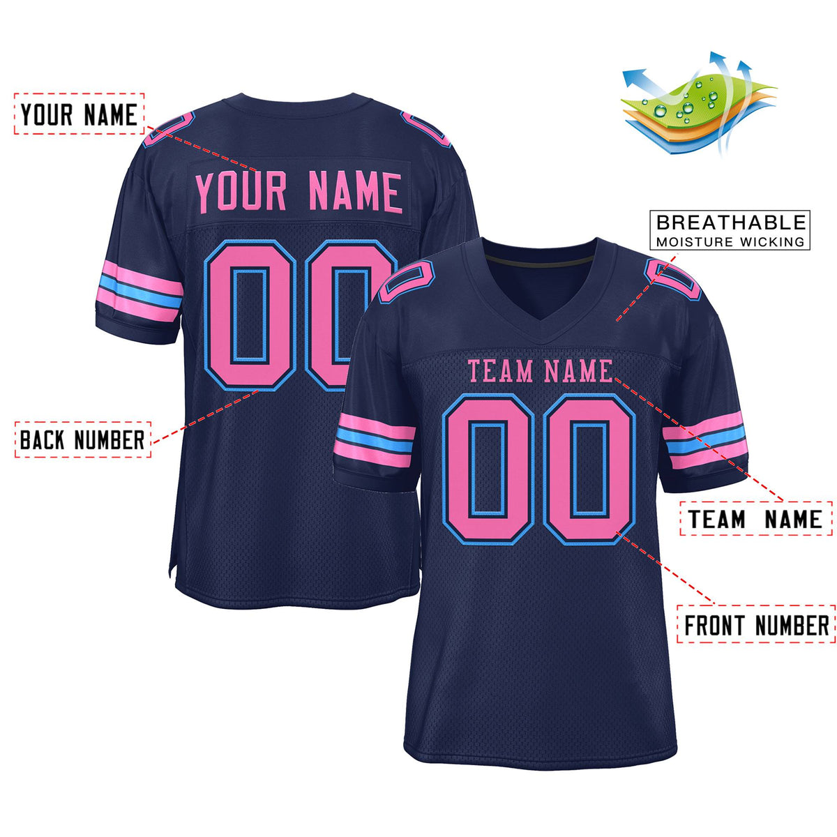 Custom Navy Blue Pink-Powder Blue Classic Style Mesh Authentic American Football Jersey| KXKSHOP