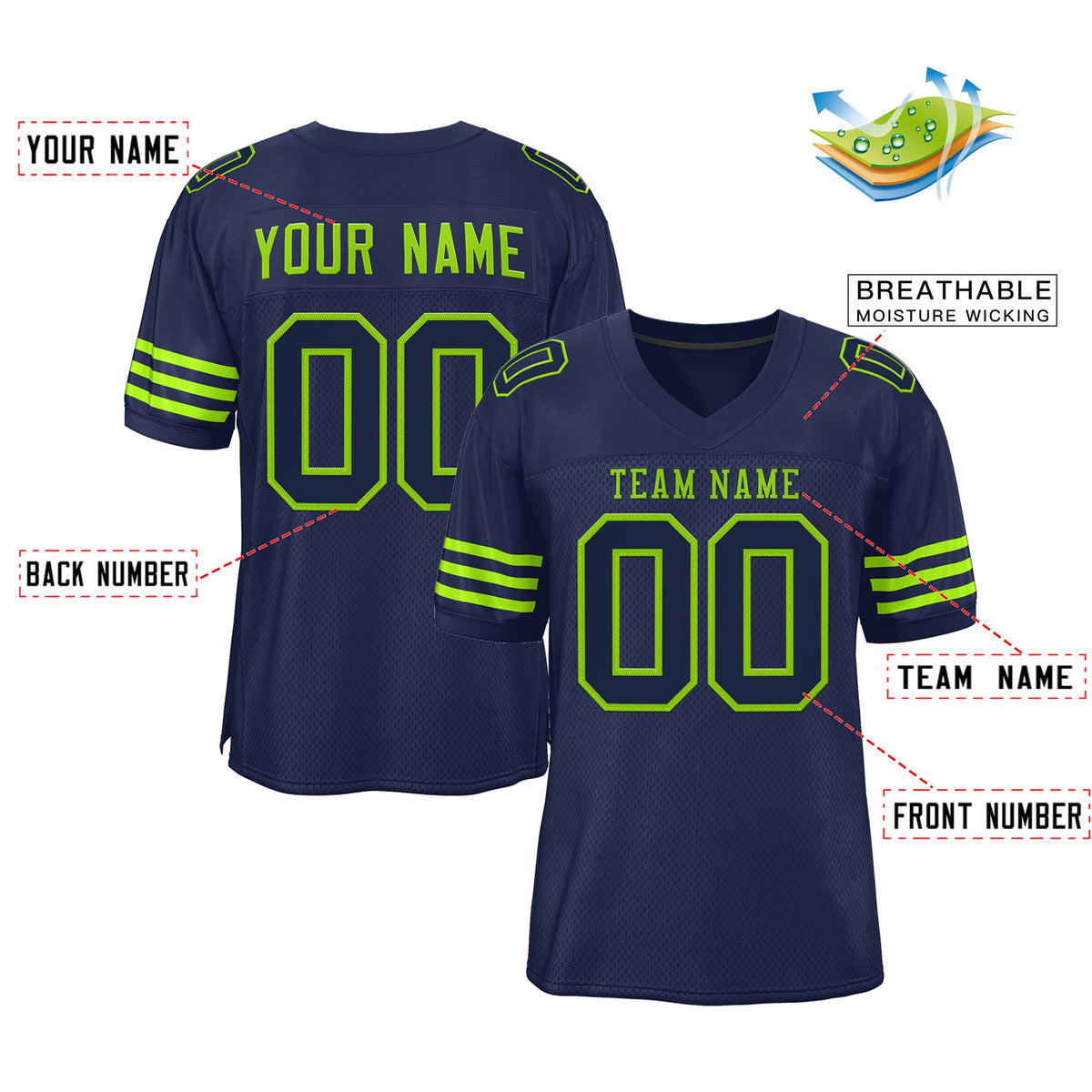 Custom Navy Blue Neon Green-Navy Classic Style Mesh Authentic American Football Jersey| KXKSHOP