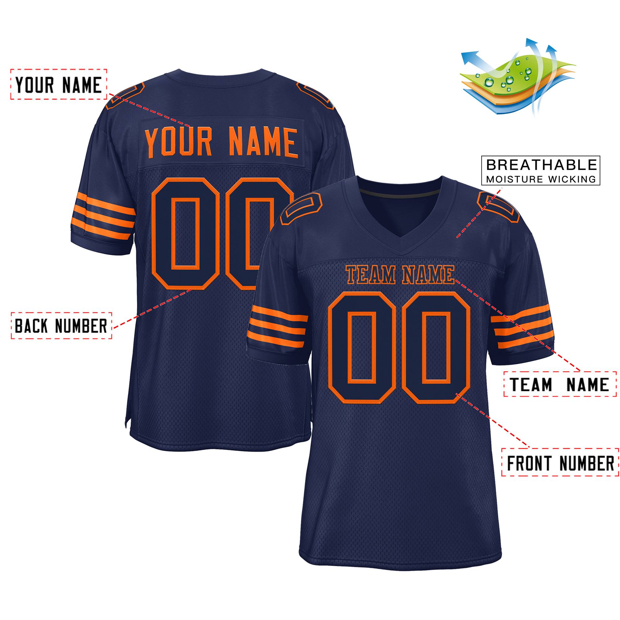 Custom Navy Blue Navy-Orange Classic Style Mesh Authentic American Football Jersey| KXKSHOP
