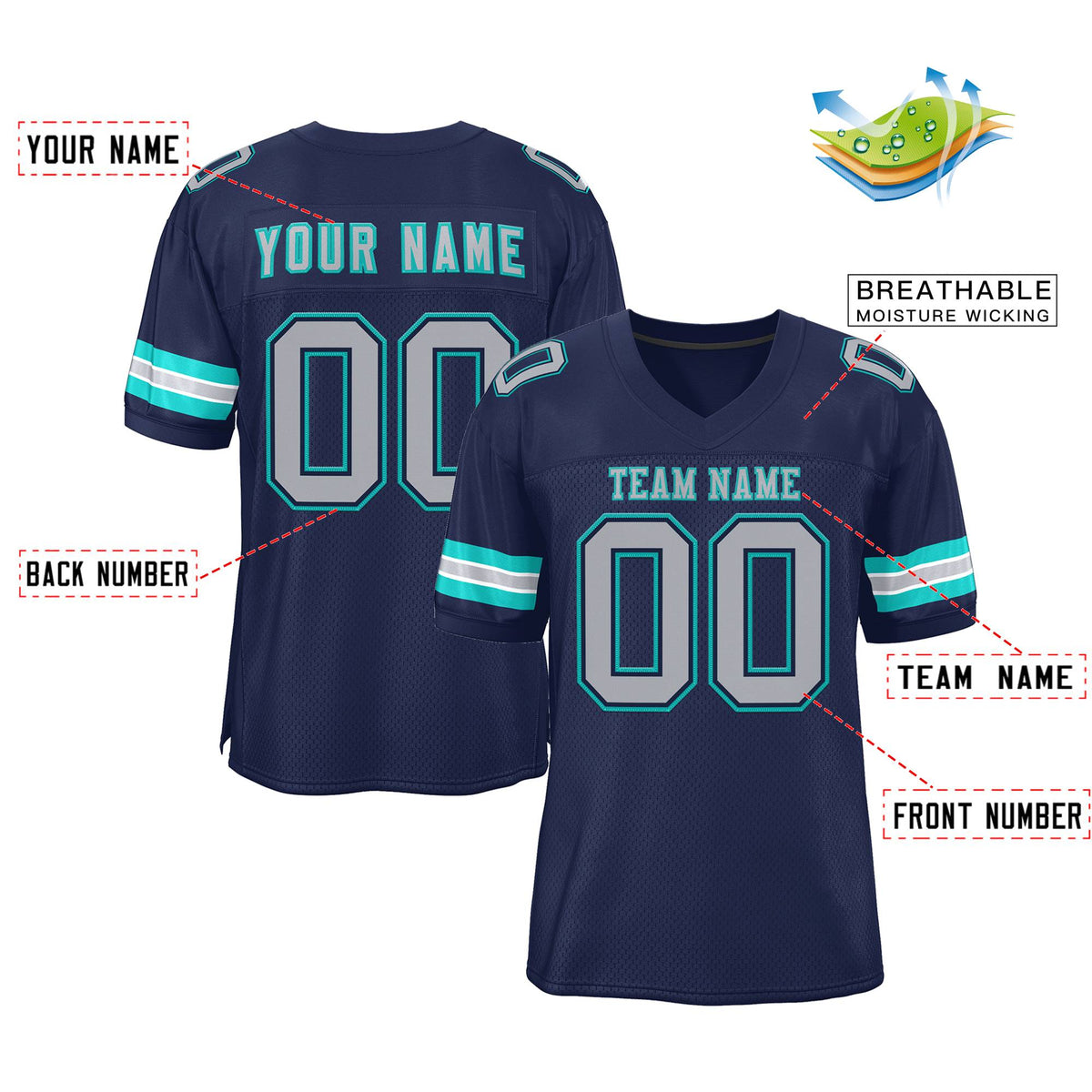 Custom Navy Blue Silver-Aqua Classic Style Mesh Authentic American Football Jersey| KXKSHOP