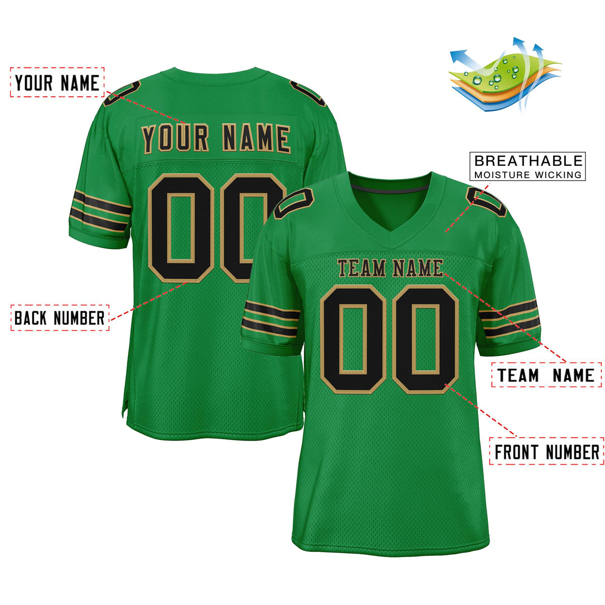 Custom Grass Green Black-Gold Classic Style Mesh Authentic American Football Jersey| KXKSHOP
