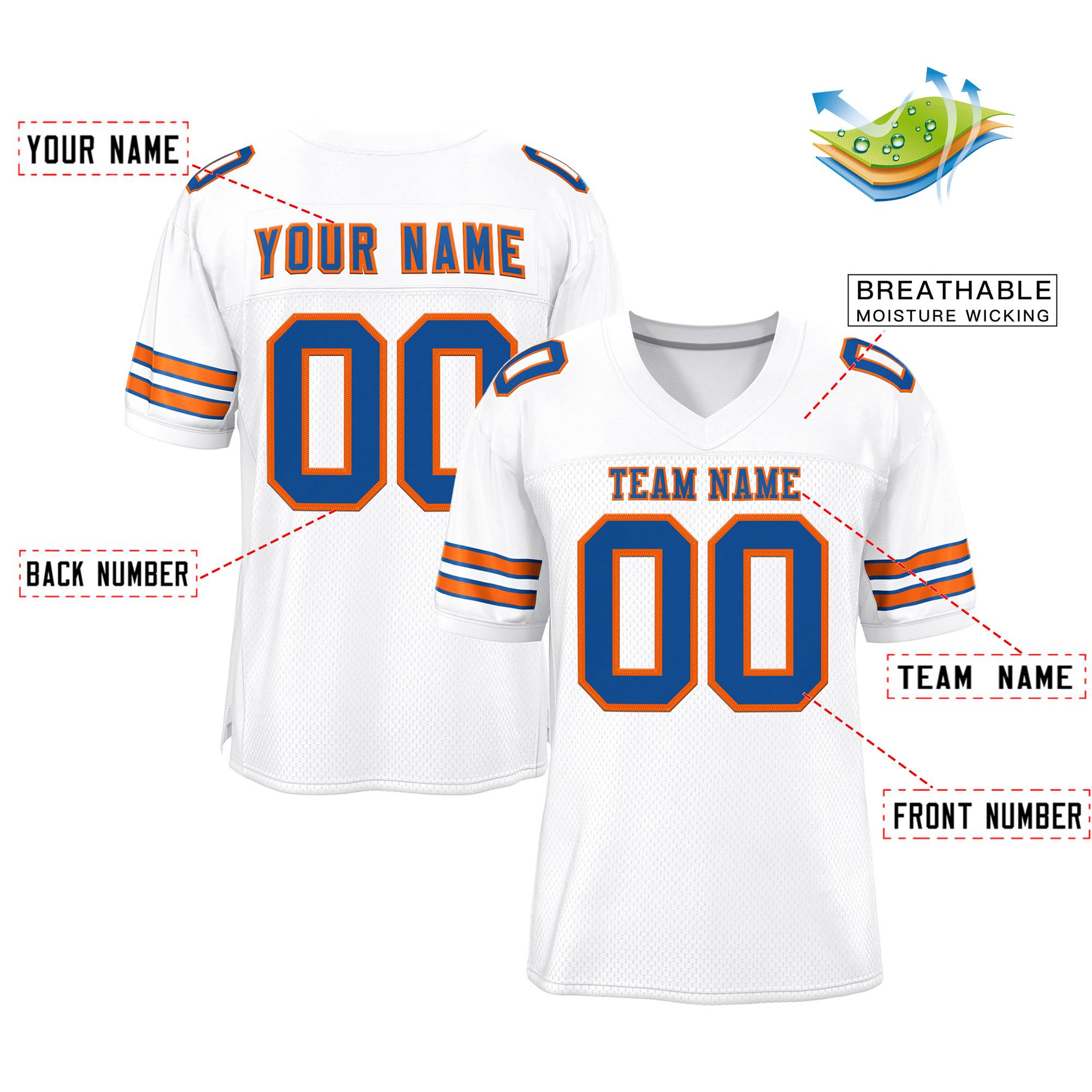 Custom White Blue-Orange Classic Style Mesh Authentic American Football Jersey| KXKSHOP