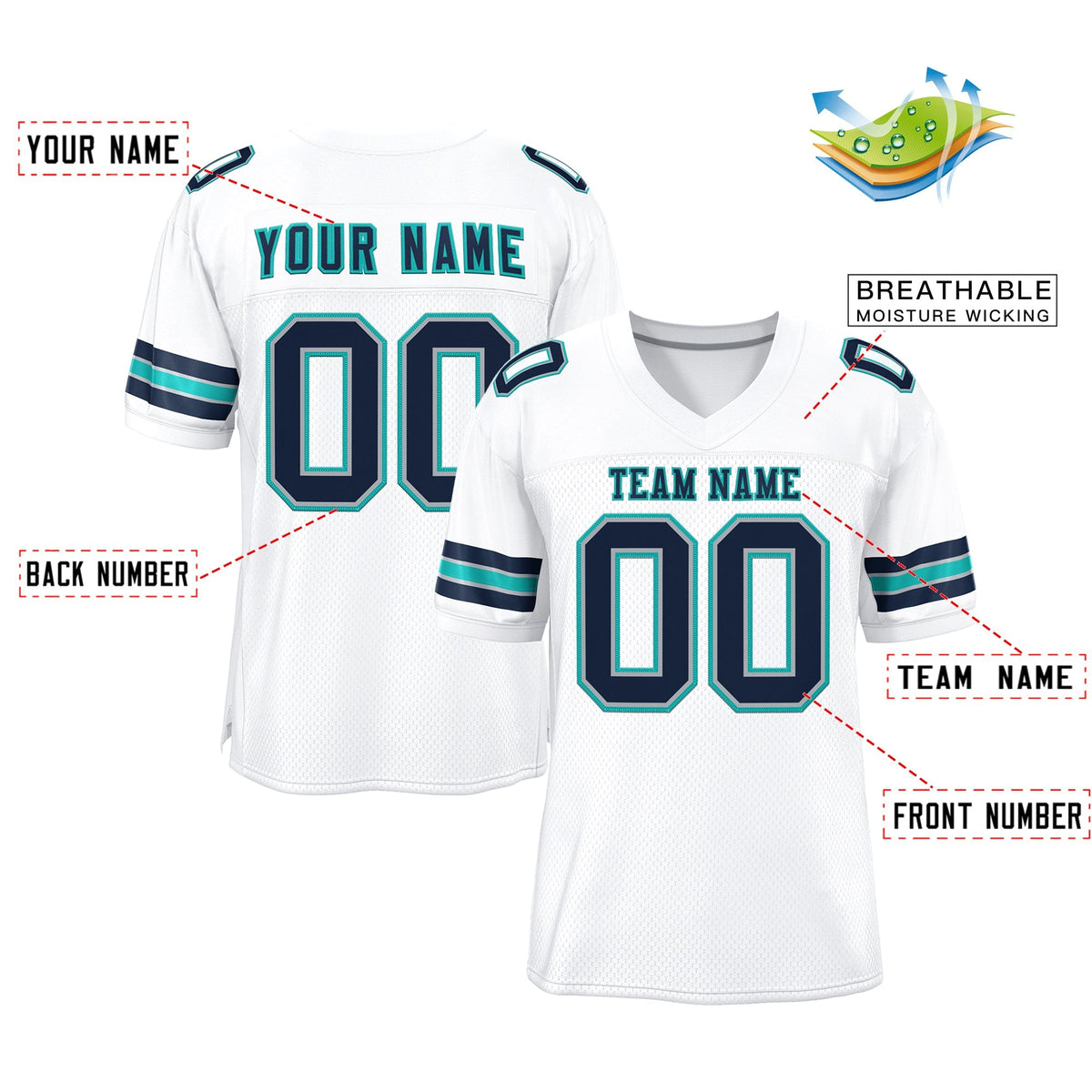 Custom White Navy-Aqua Classic Style Mesh Authentic American Football Jersey| KXKSHOP