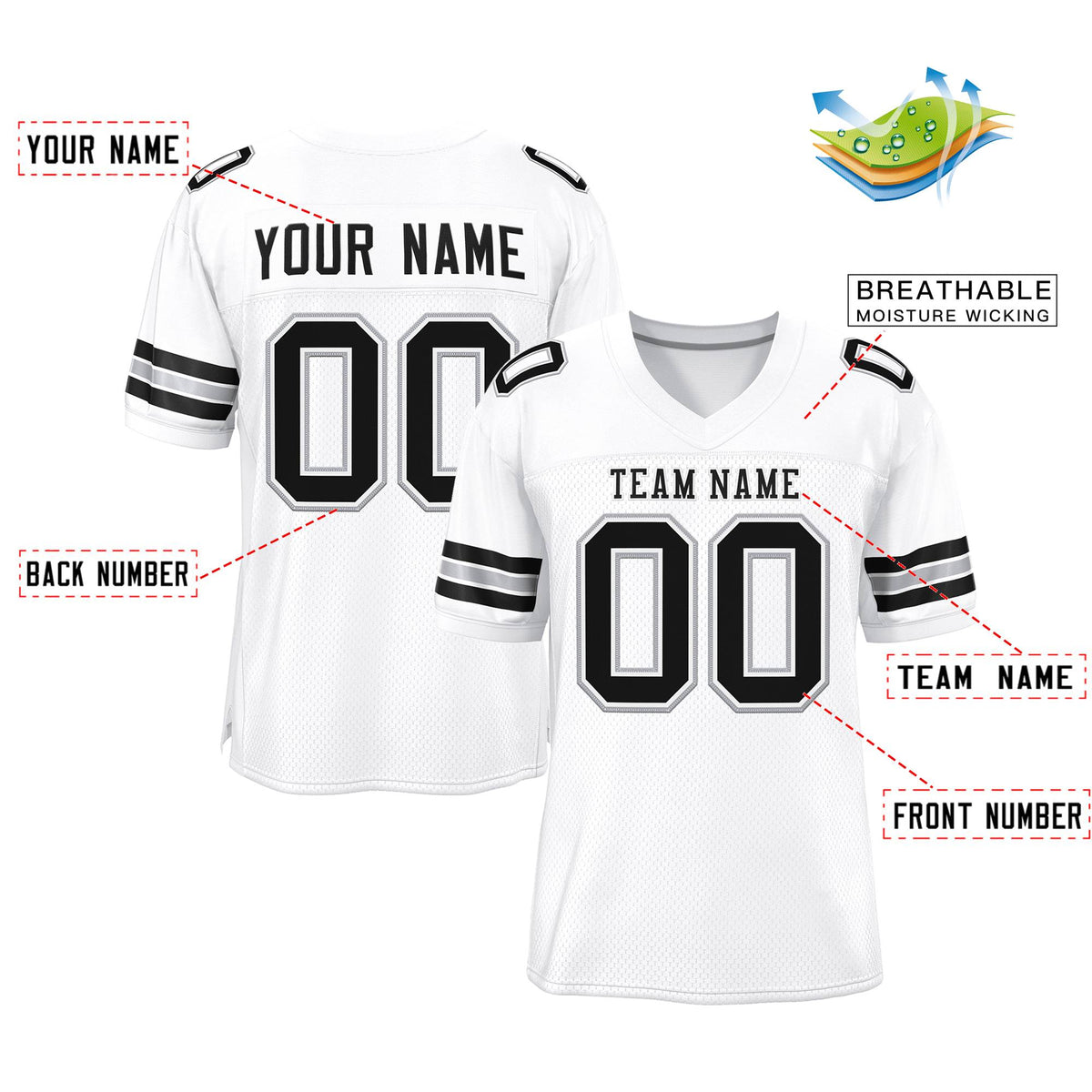 Custom White Black-Silver Classic Style Mesh Authentic American Football Jersey| KXKSHOP