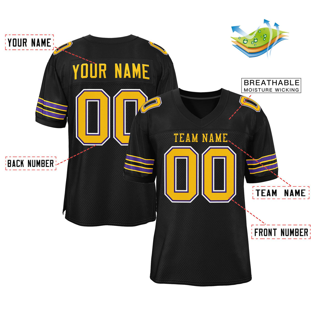 Custom Black Gold-White Classic Style Mesh Authentic American Football Jersey| KXKSHOP