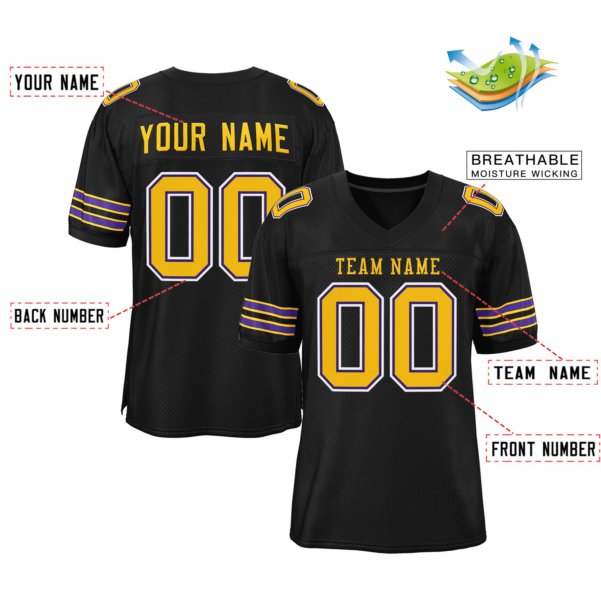 Custom Black Gold-White Classic Style Mesh Authentic American Football Jersey| KXKSHOP