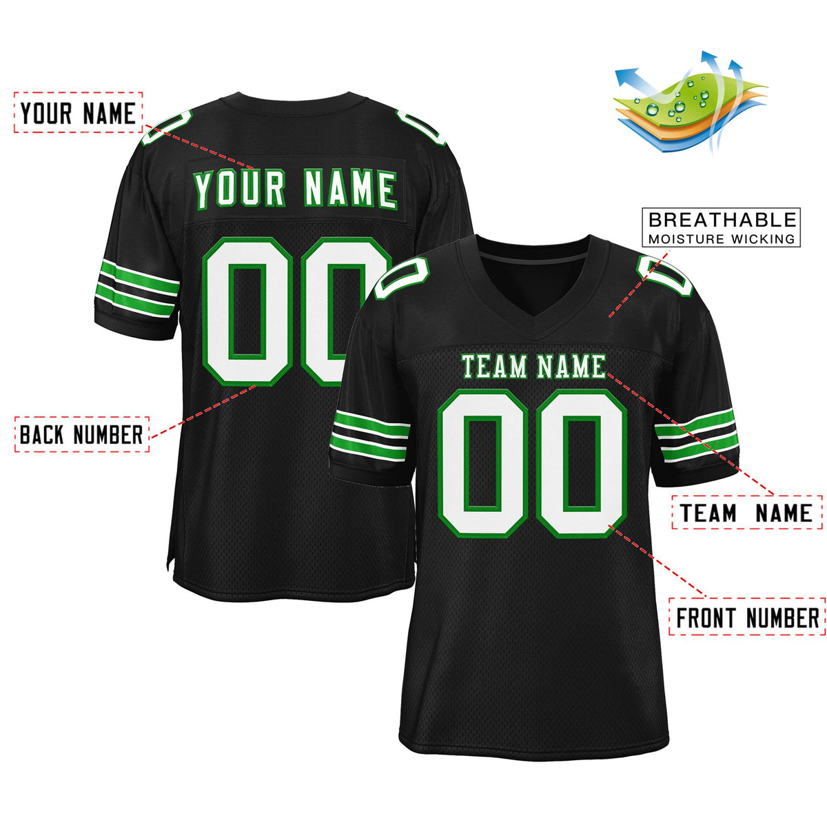 Custom Black White-Grass Green Classic Style Mesh Authentic American Football Jersey| KXKSHOP