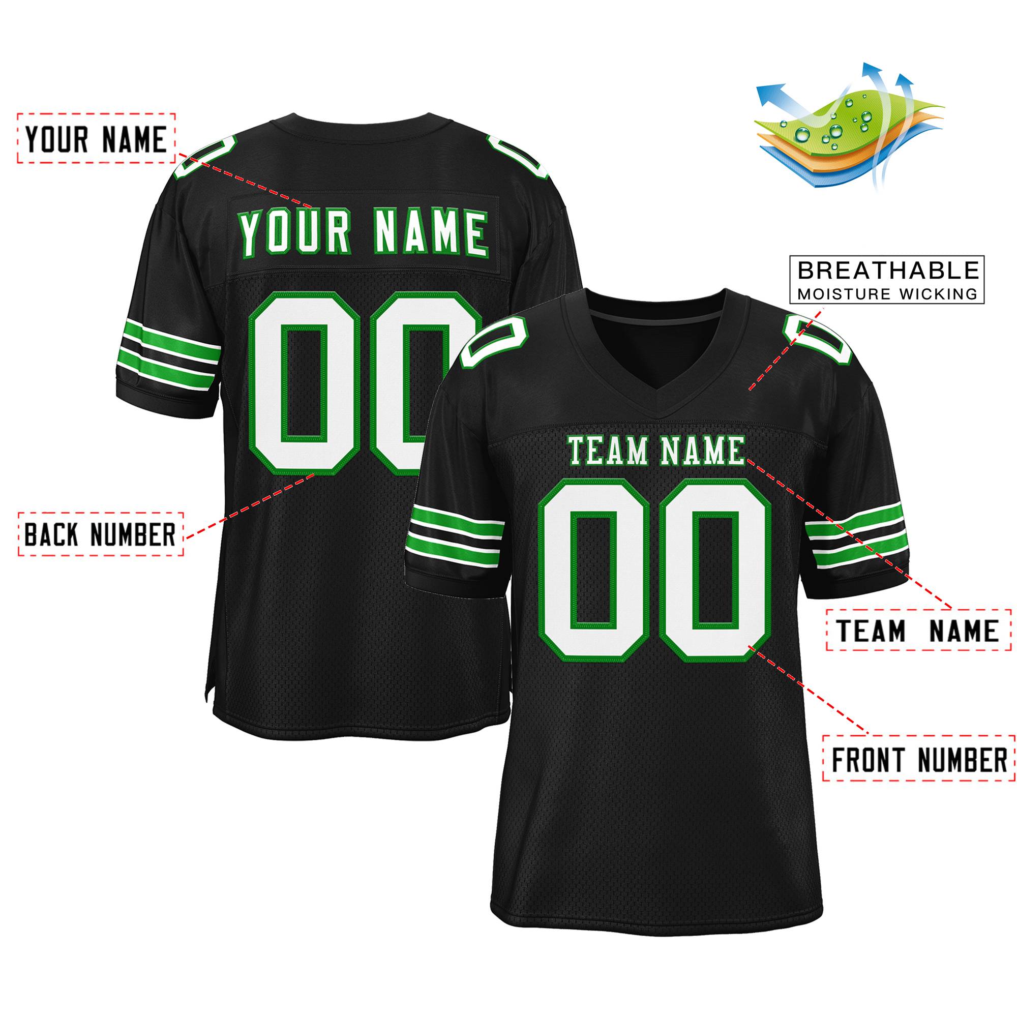 Custom Black White-Grass Green Classic Style Mesh Authentic American Football Jersey| KXKSHOP