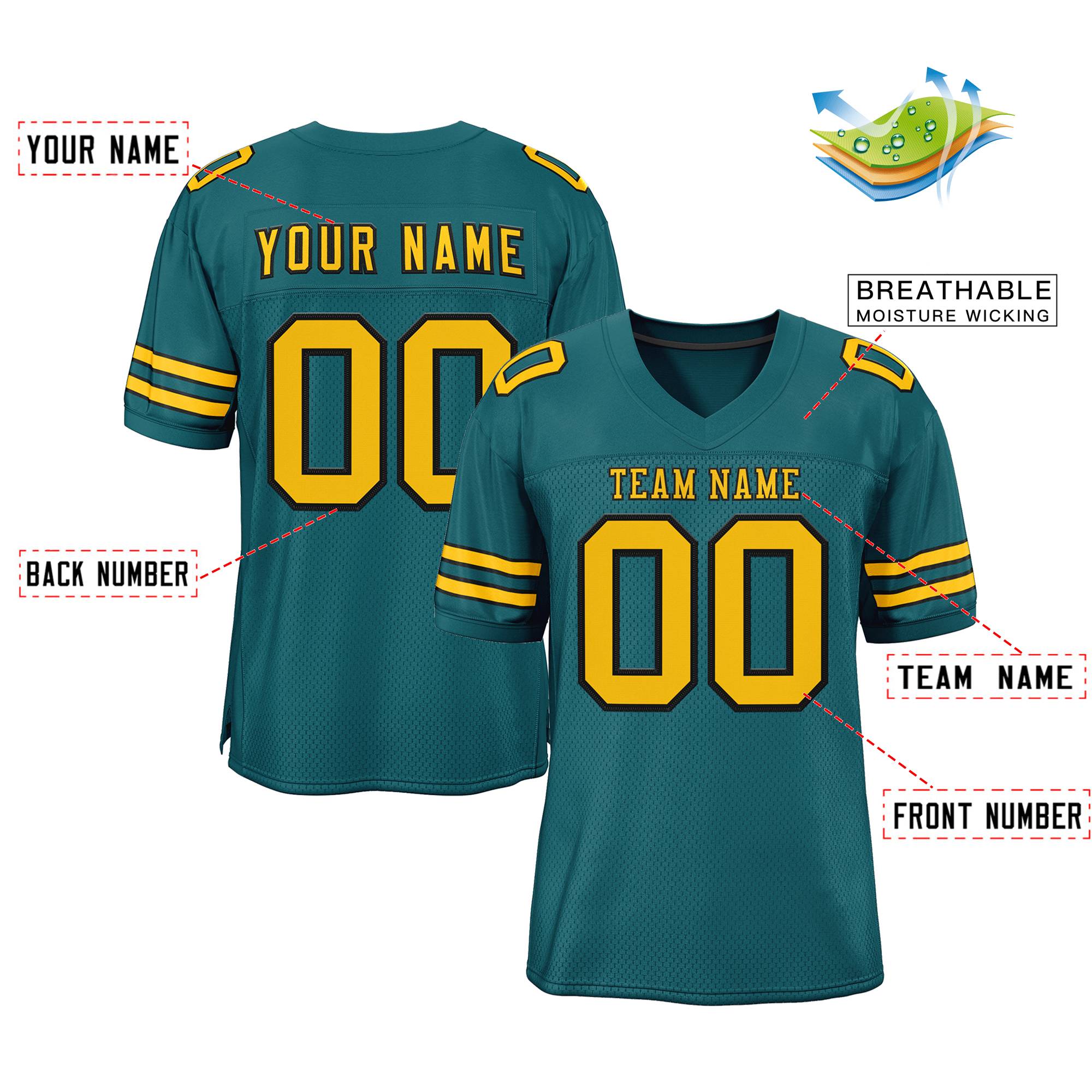 Custom Teal Gold-Black Classic Style Mesh Authentic American Football Jersey| KXKSHOP