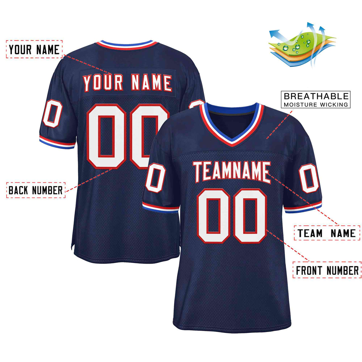 Custom Navy White-Red Classic Style Authentic American Football Jersey| KXKSHOP
