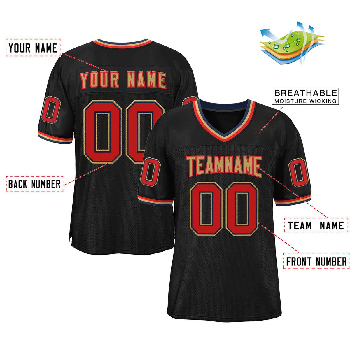Custom Black Old Gold-Red Classic Style Authentic American Football Jersey| KXKSHOP