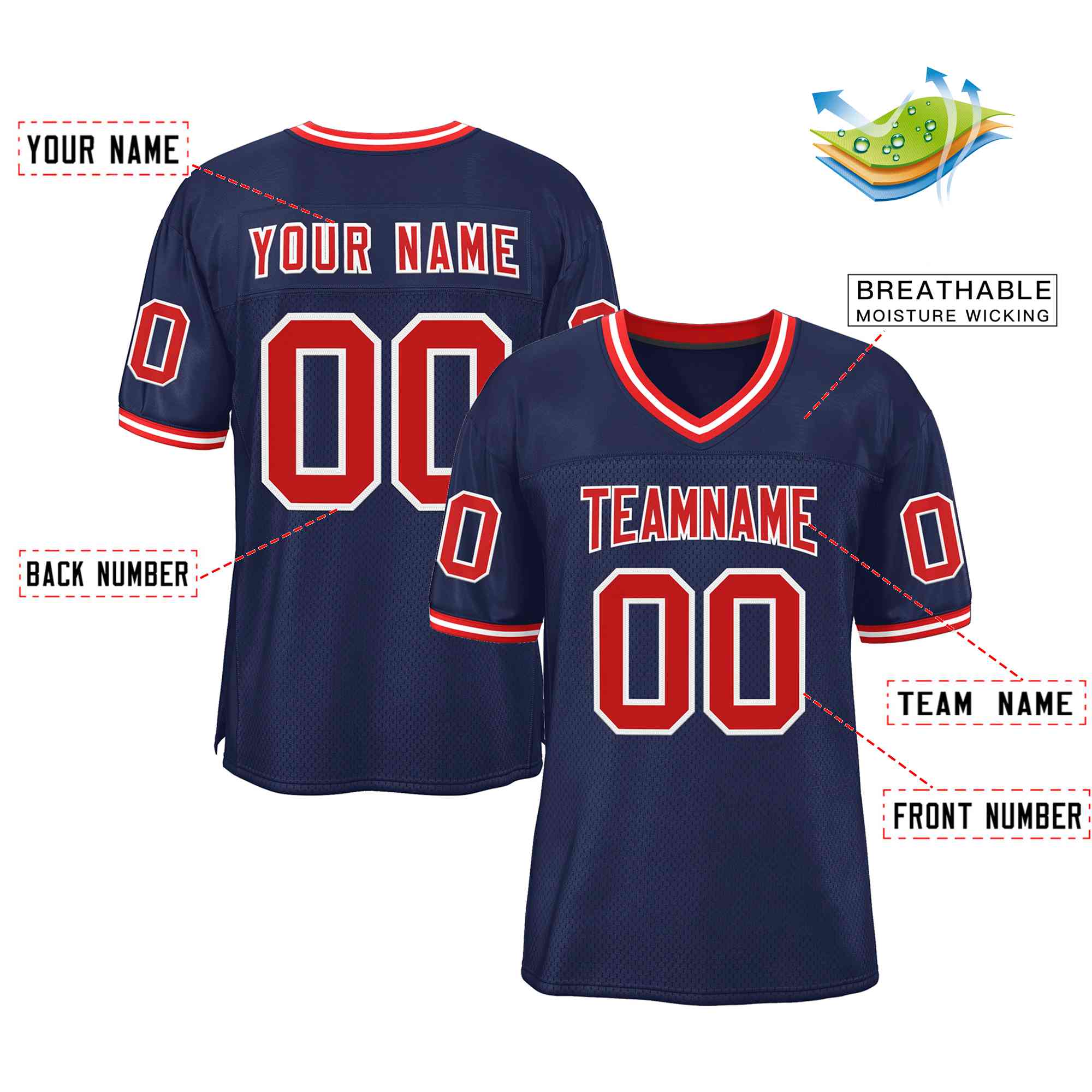 Custom Navy Red-White Classic Style Authentic American Football Jersey| KXKSHOP