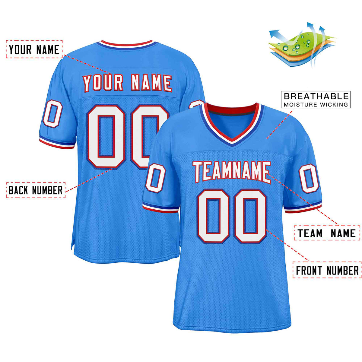 Custom Powder Blue White-Red Classic Style Authentic American Football Jersey| KXKSHOP