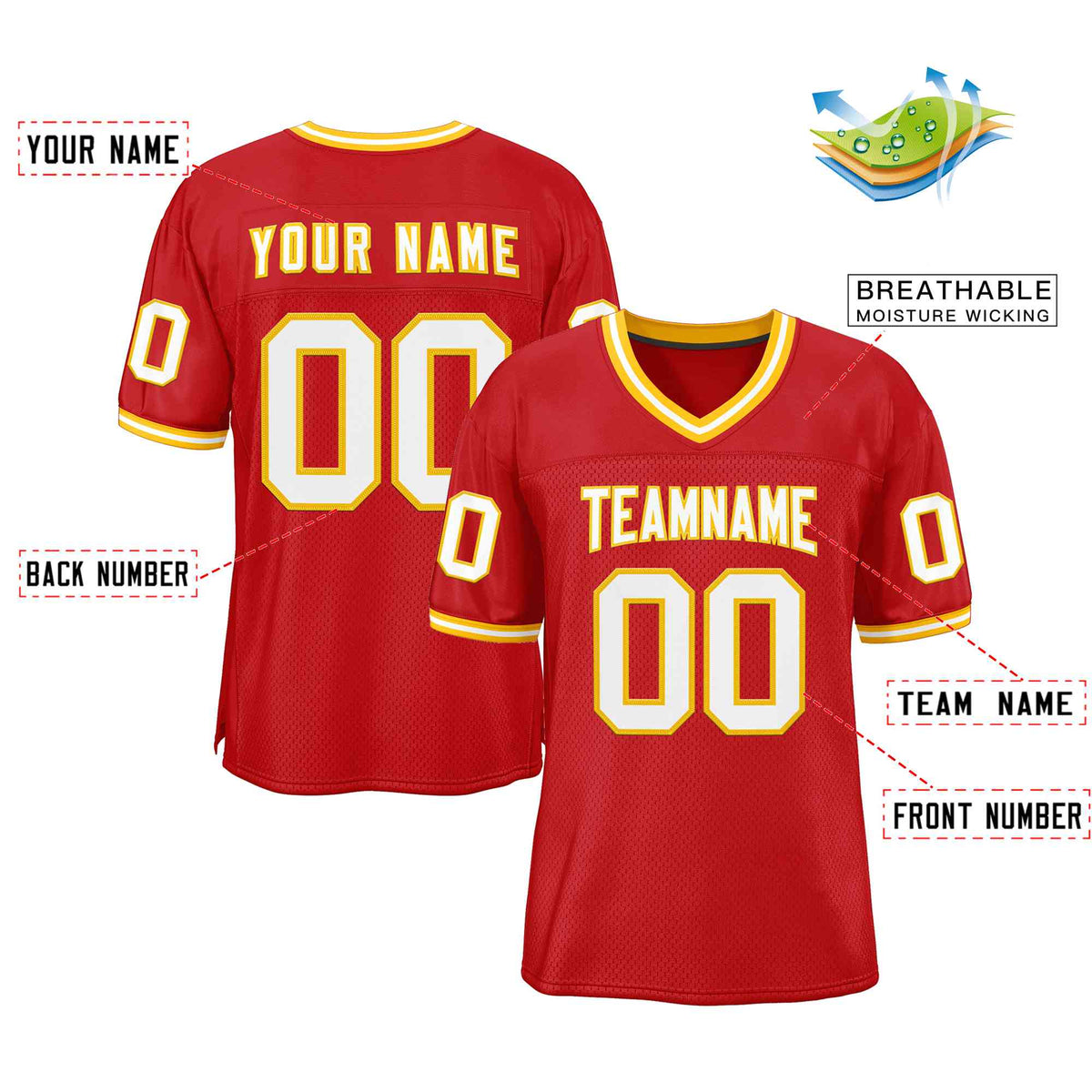 Custom Red White-Gold Classic Style Authentic American Football Jersey| KXKSHOP