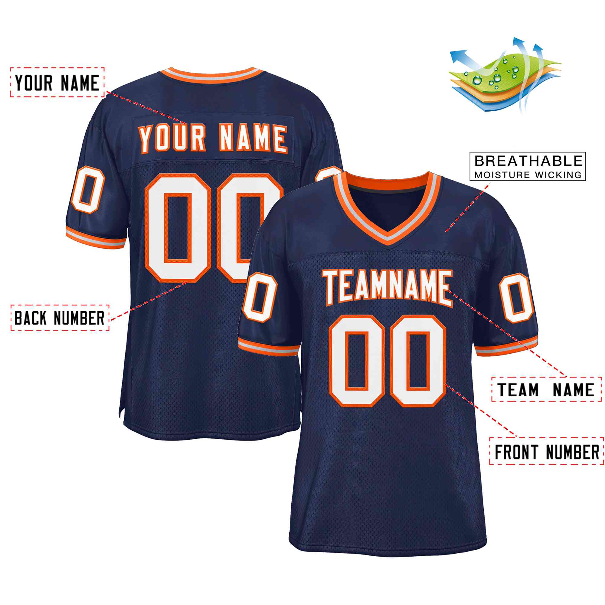 Custom Navy White-Orange Classic Style Authentic American Football Jersey| KXKSHOP