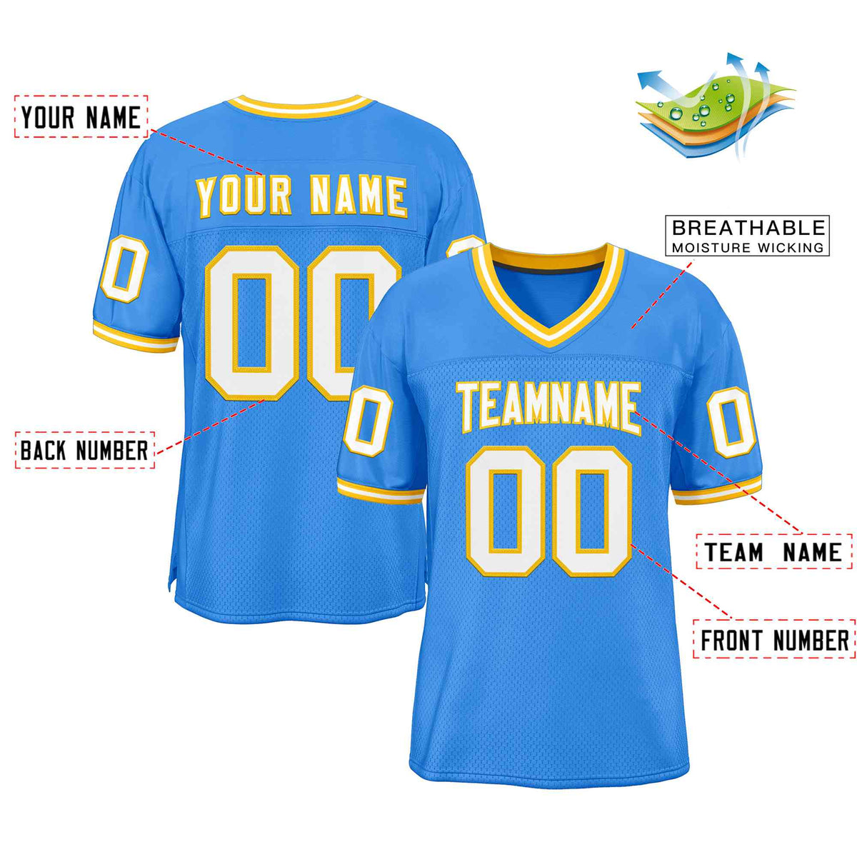 Custom Powder Blue White-Gold Classic Style Authentic American Football Jersey| KXKSHOP