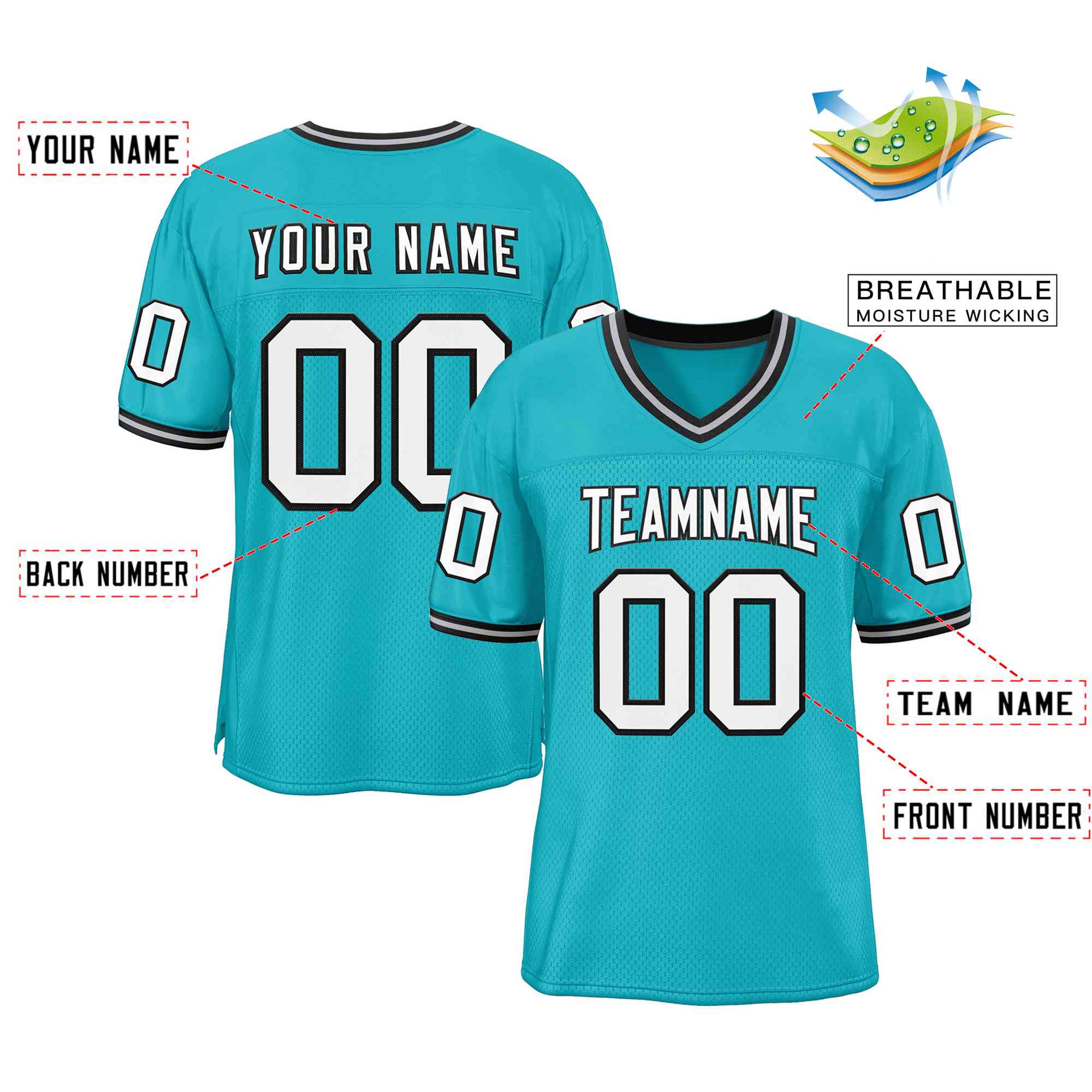 Custom Aqua White-Black Classic Style Authentic American Football Jersey| KXKSHOP