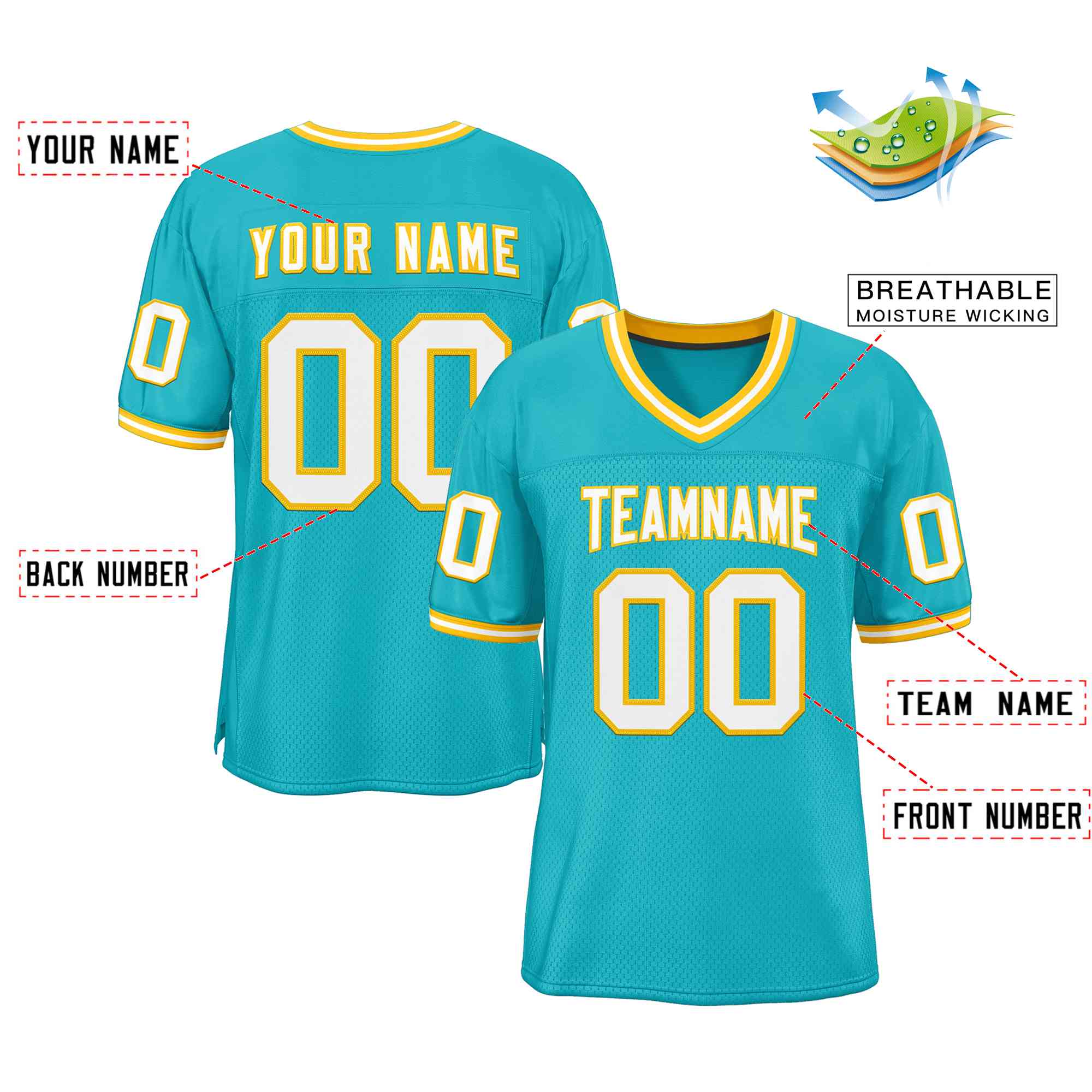 Custom Aqua White-Gold Classic Style Authentic American Football Jersey| KXKSHOP