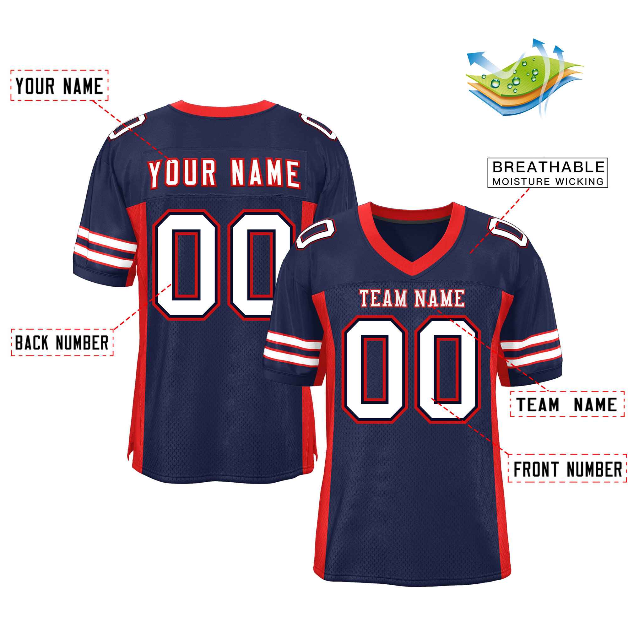 Custom Red Navy-White Classic Style Mesh American Football Jersey | KXKSHOP