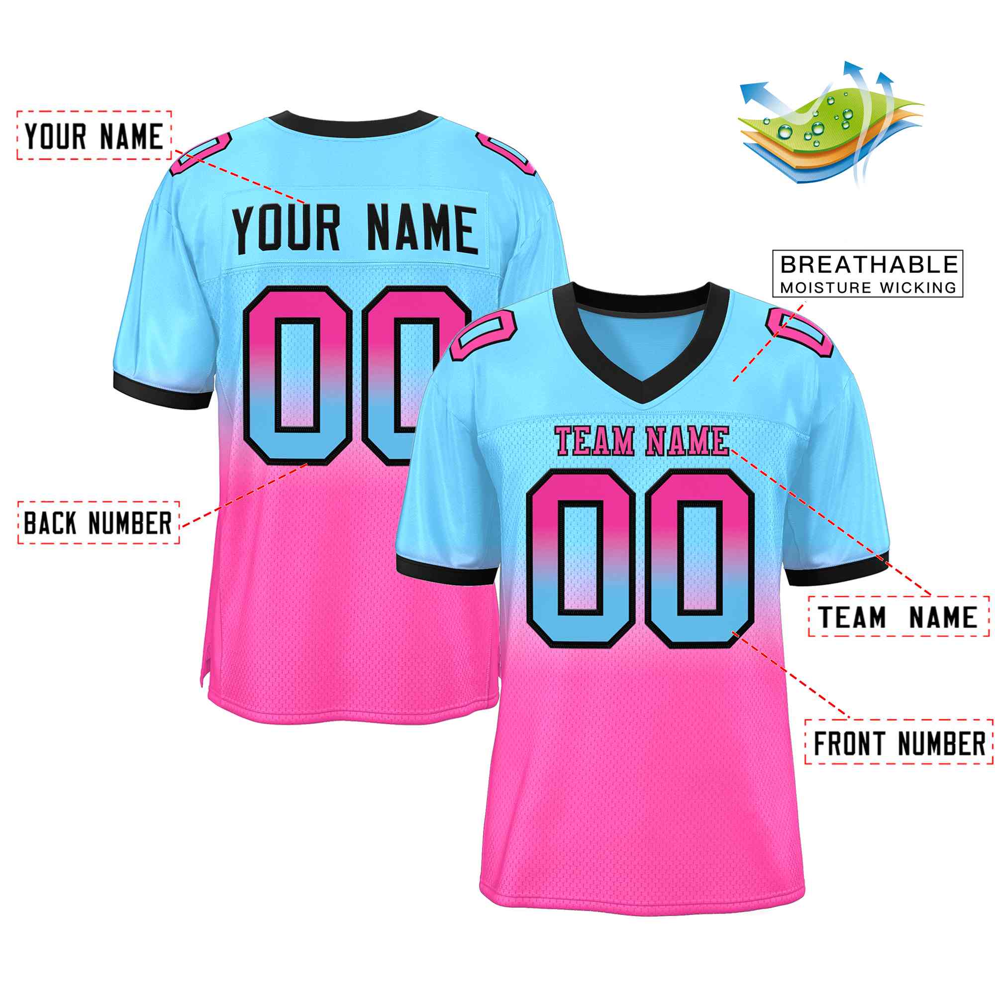 Custom Light Blue Pink-Black Gradient Fashion Outdoor Authentic American Football Jersey| KXKSHOP