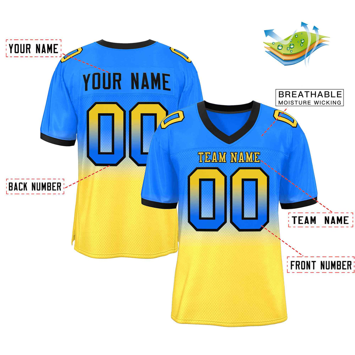 Custom Powder Blue Gold Gold-Black Gradient Fashion Outdoor Authentic American Football Jersey| KXKSHOP