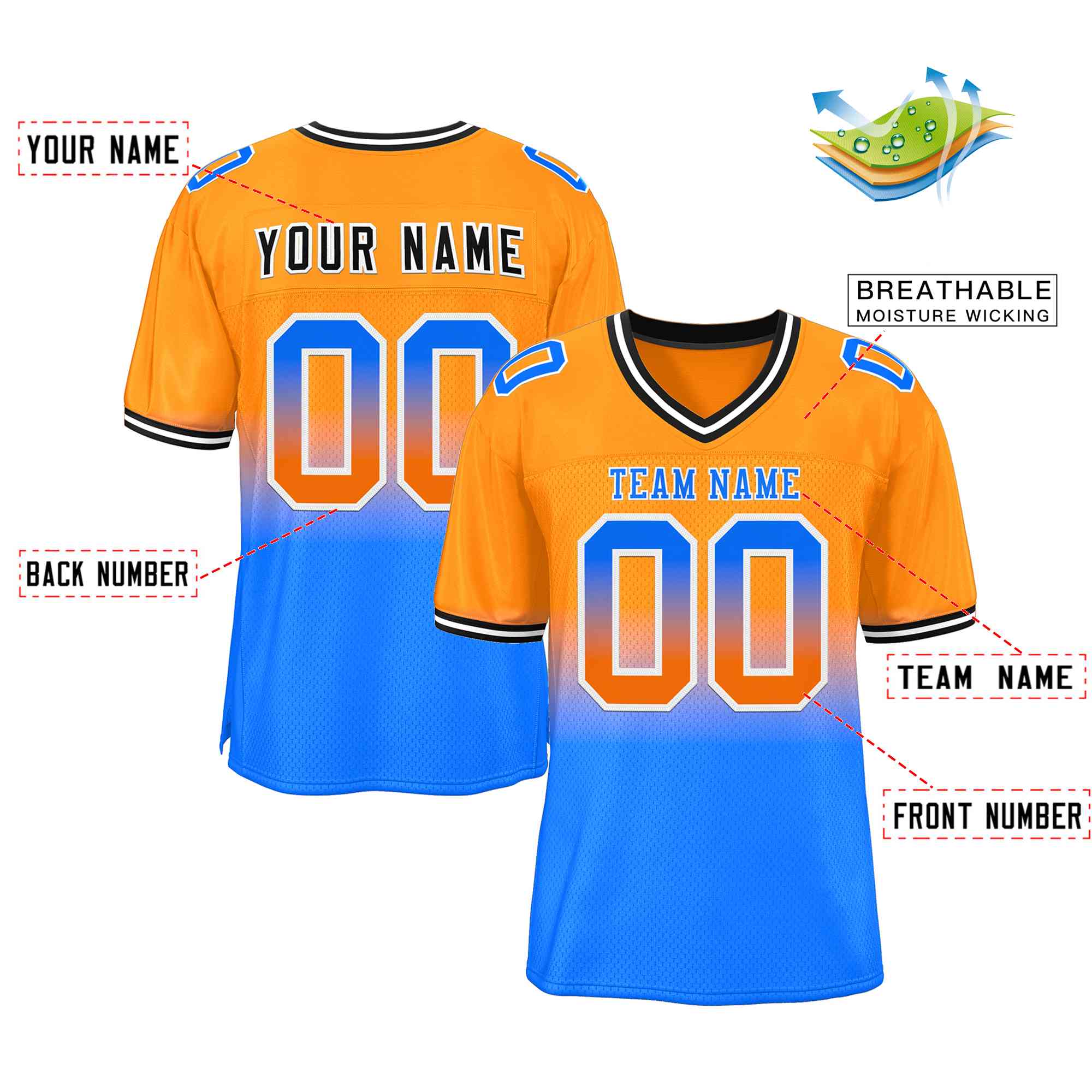 Custom Orange Powder Blue-White Gradient Fashion Outdoor Authentic American Football Jersey| KXKSHOP
