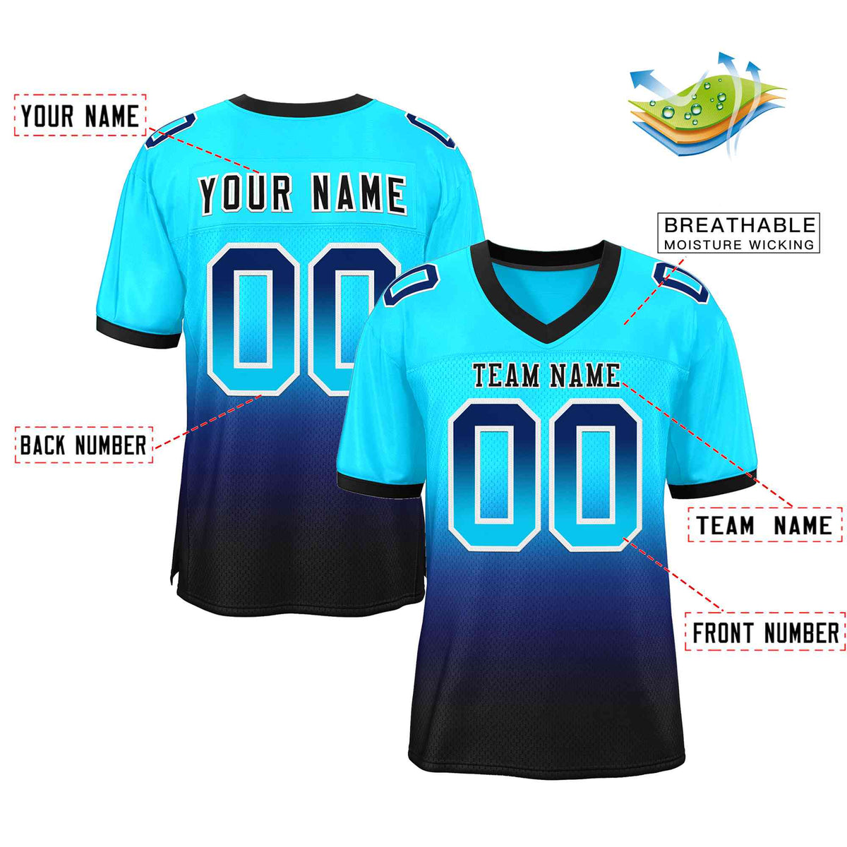 Custom Powder Blue Navy Black-White Gradient Fashion Outdoor Authentic American Football Jersey| KXKSHOP