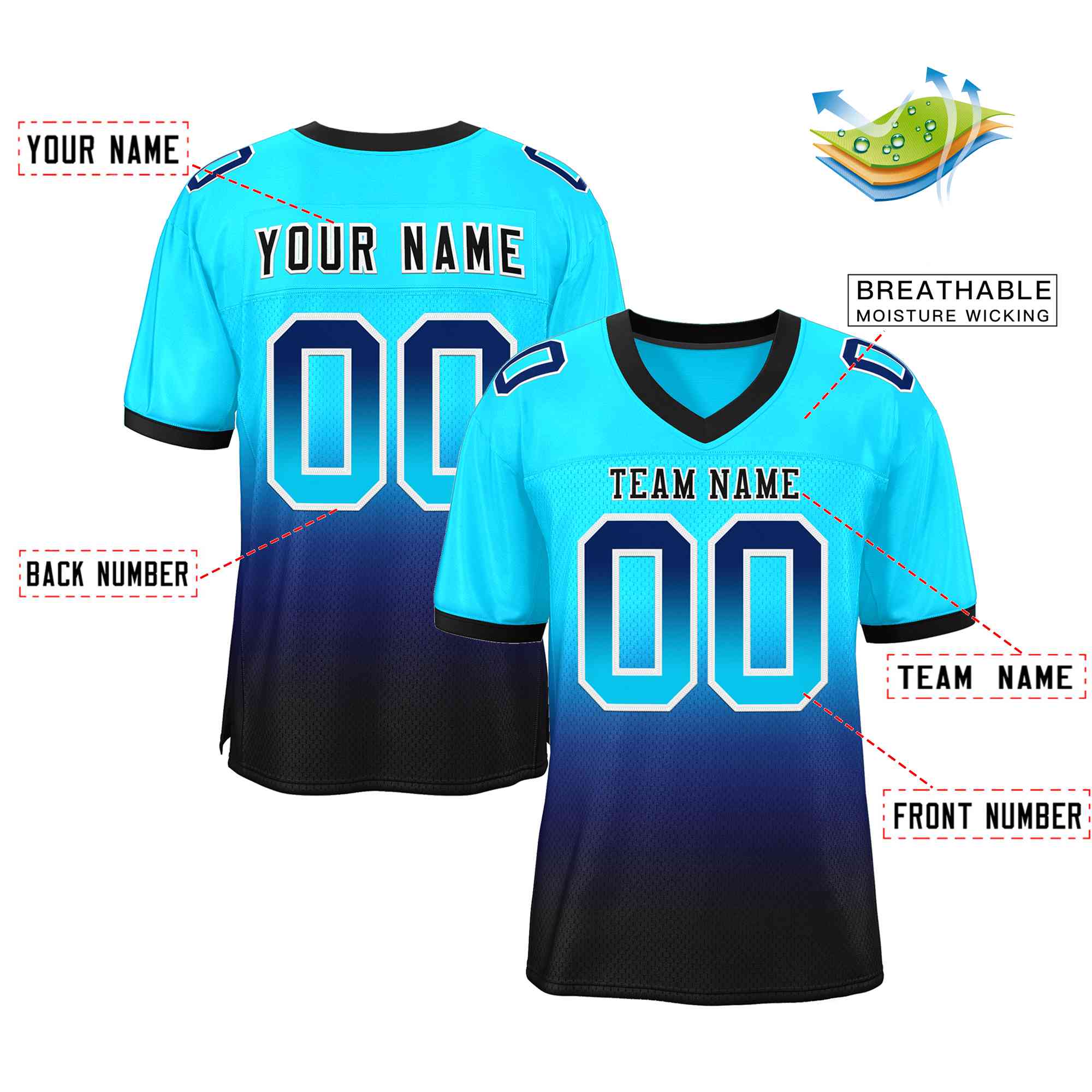 Custom Powder Blue Navy Black-White Gradient Fashion Outdoor Authentic American Football Jersey| KXKSHOP
