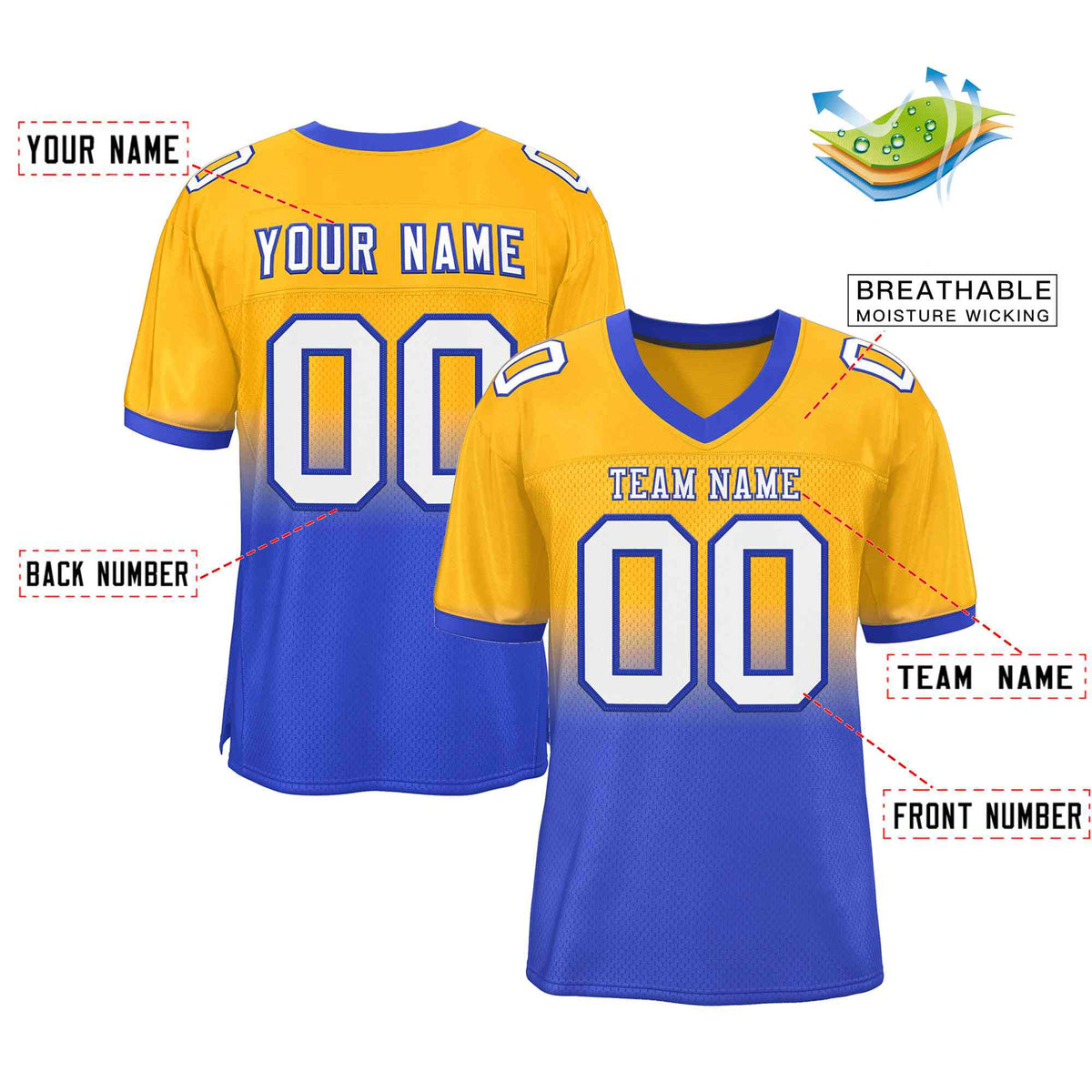 Custom Yellow Royal White-Royal Gradient Fashion Outdoor Authentic American Football Jersey| KXKSHOP