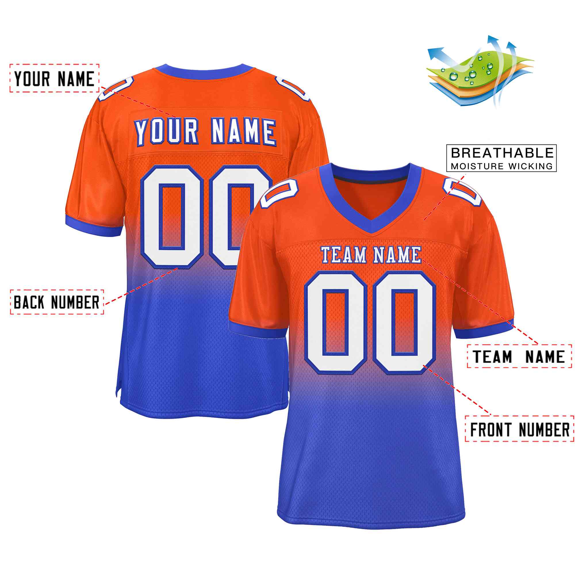 Custom Orange Royal White-Royal Gradient Fashion Outdoor Authentic American Football Jersey| KXKSHOP