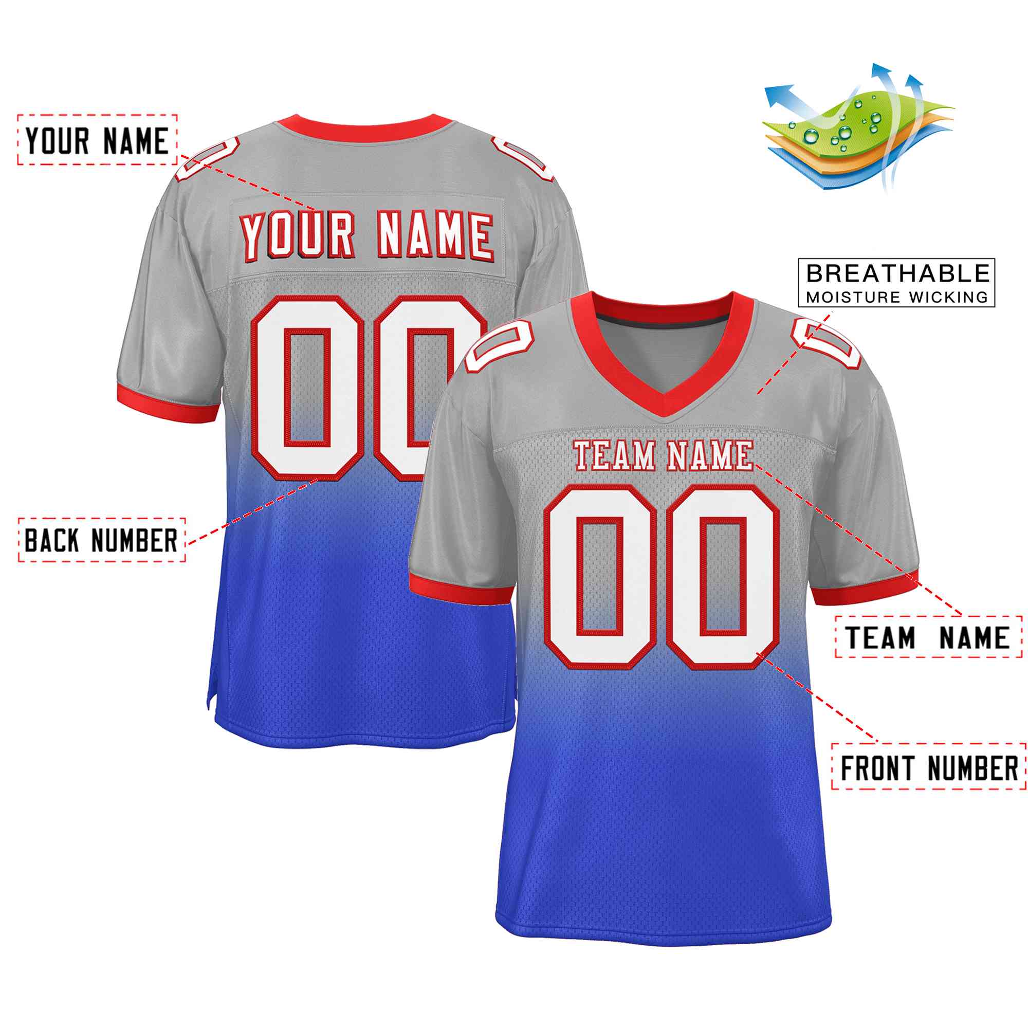 Custom Gray Royal White-Red Gradient Fashion Outdoor Authentic American Football Jersey| KXKSHOP