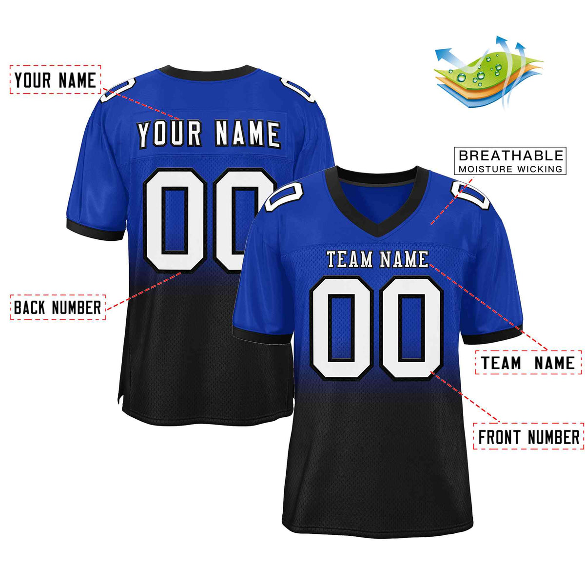 Custom Royal Black White-Black Gradient Fashion Outdoor Authentic American Football Jersey| KXKSHOP