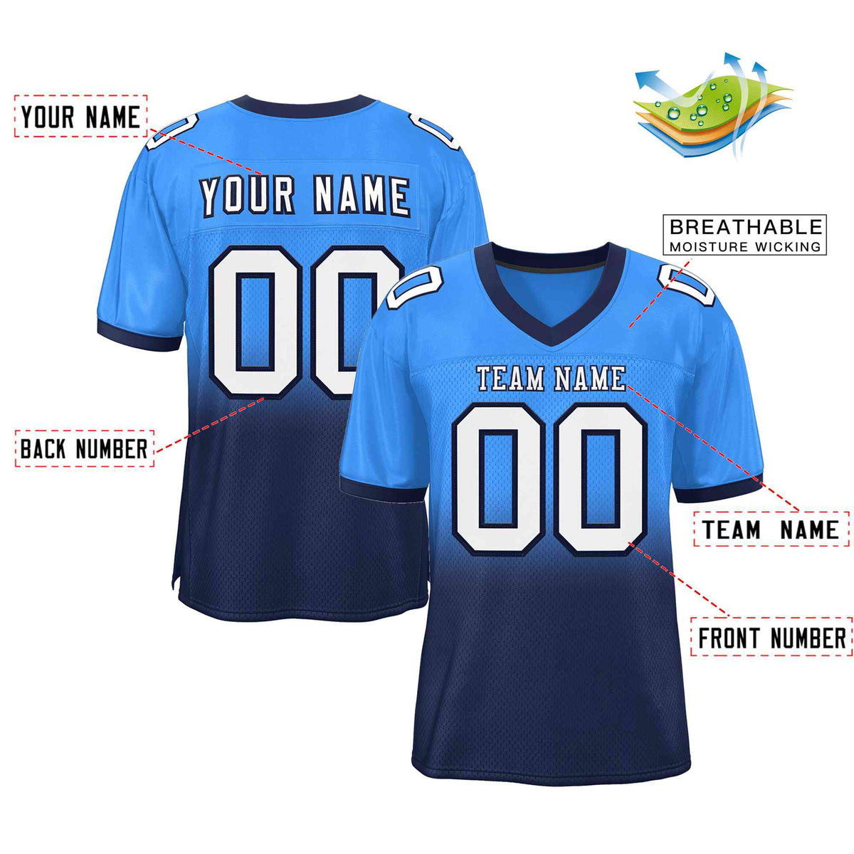 Custom Powder Blue Navy-White Gradient Fashion Outdoor Authentic American Football Jersey| KXKSHOP