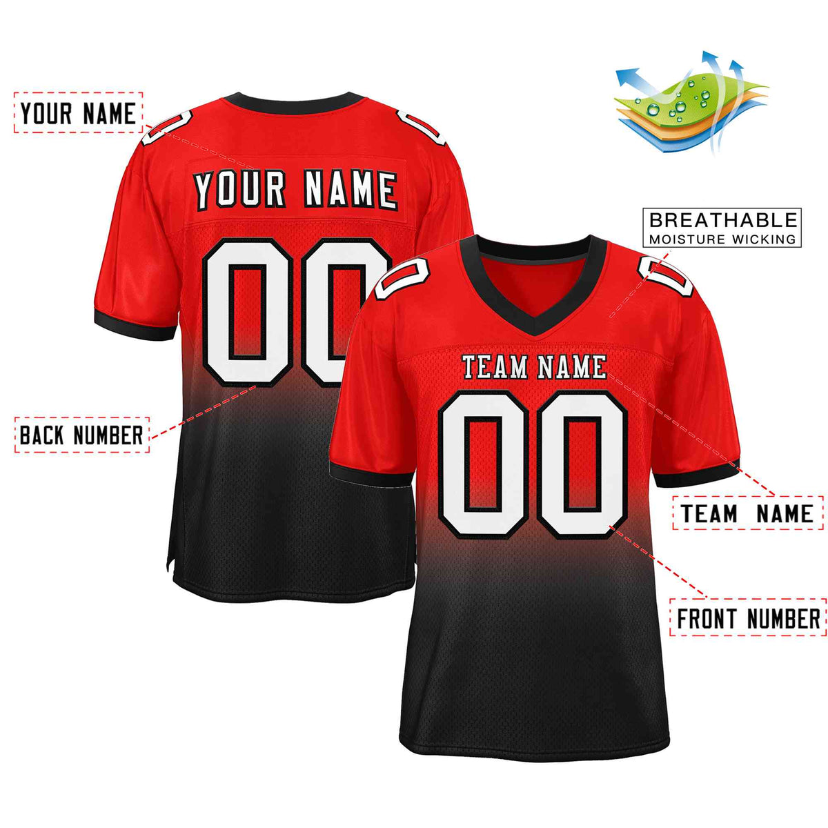 Custom Red Black White-Black Gradient Fashion Outdoor Authentic American Football Jersey| KXKSHOP
