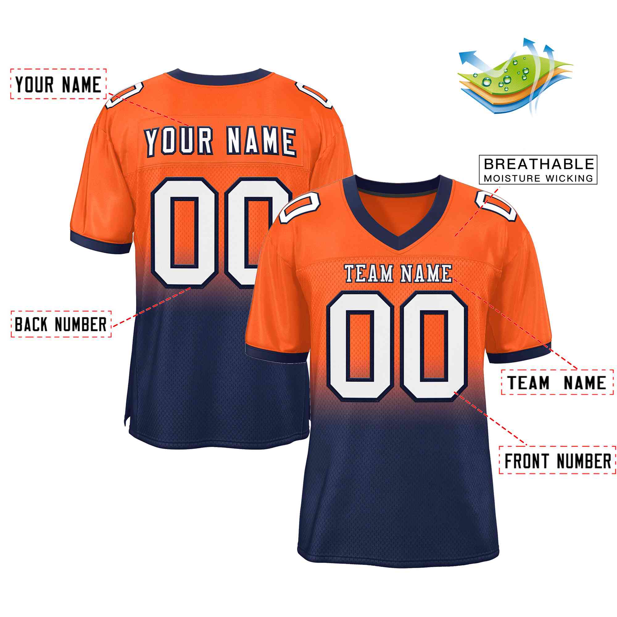Custom Orange Navy-White Gradient Fashion Outdoor Authentic American Football Jersey| KXKSHOP