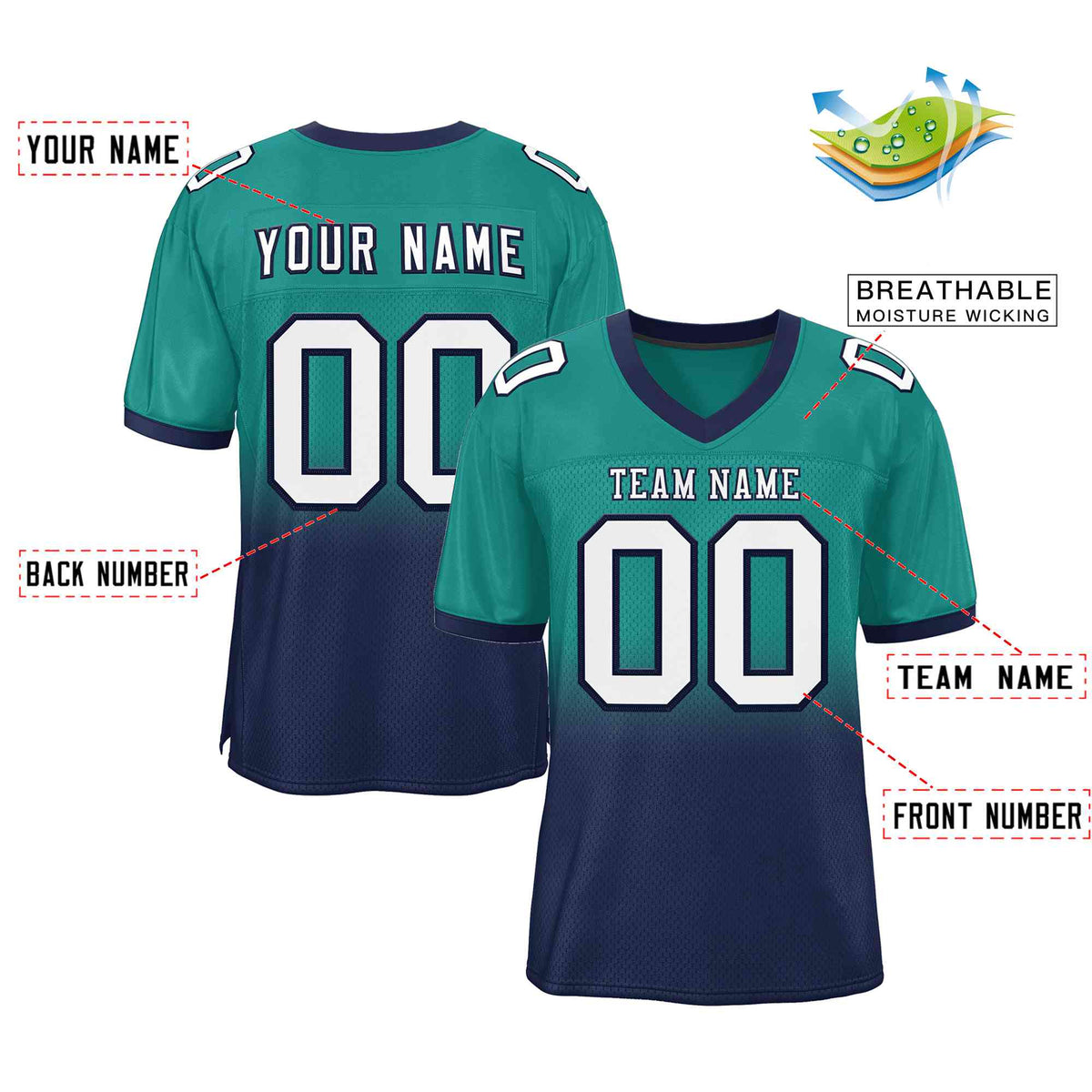 Custom Teal Navy-White Gradient Fashion Outdoor Authentic American Football Jersey| KXKSHOP