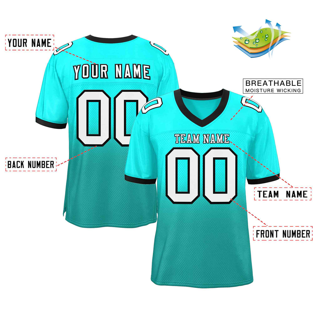 Custom Light Green Aqua White-Black Gradient Fashion Outdoor Authentic American Football Jersey| KXKSHOP