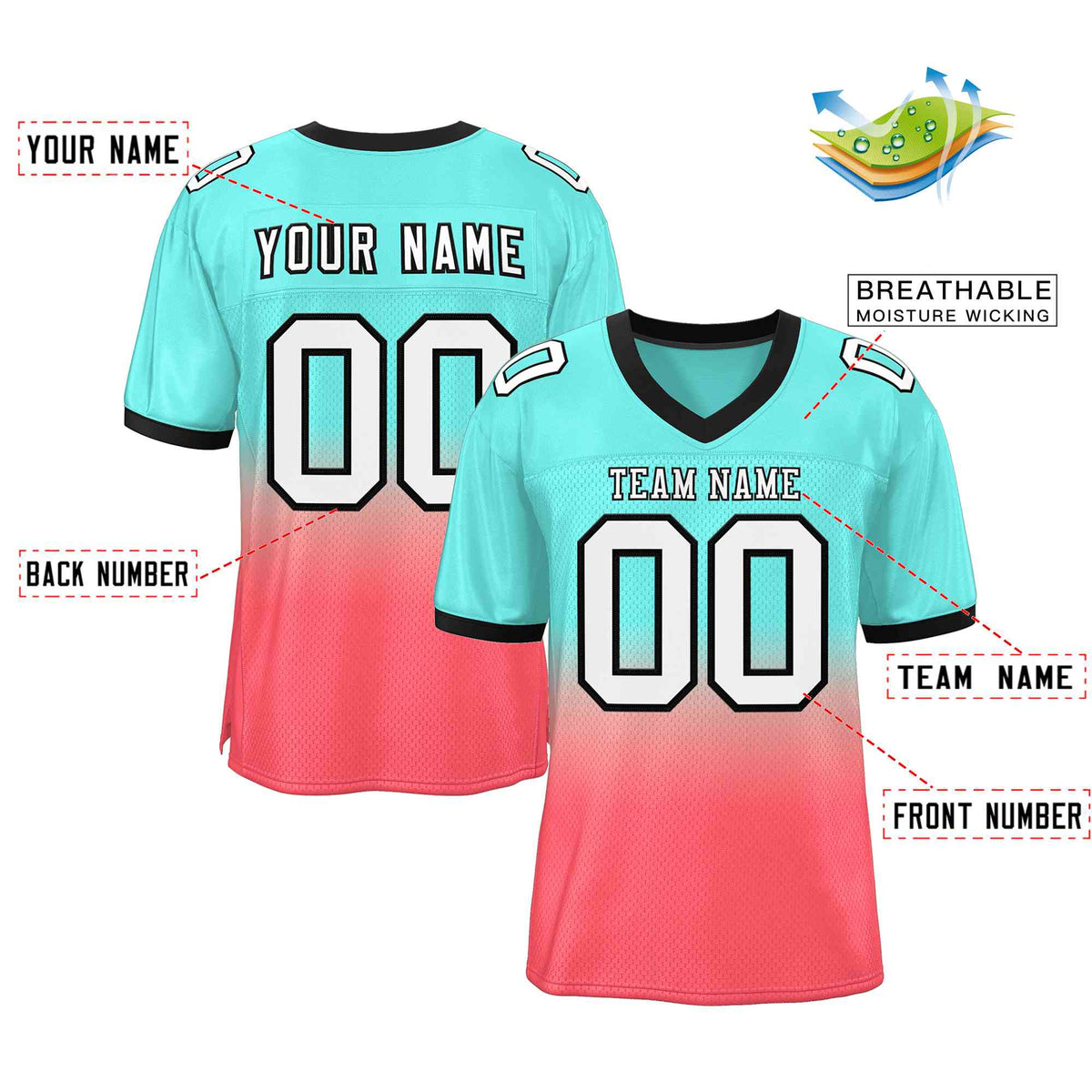 Custom Aqua Light Red White-Black Gradient Fashion Outdoor Authentic American Football Jersey| KXKSHOP