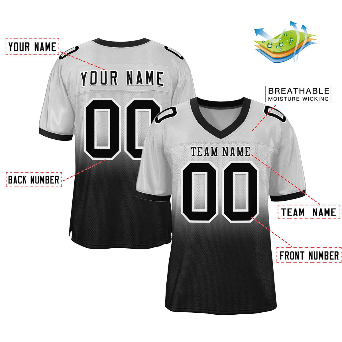 Custom Silver Black-White Gradient Fashion Outdoor Authentic American Football Jersey| KXKSHOP