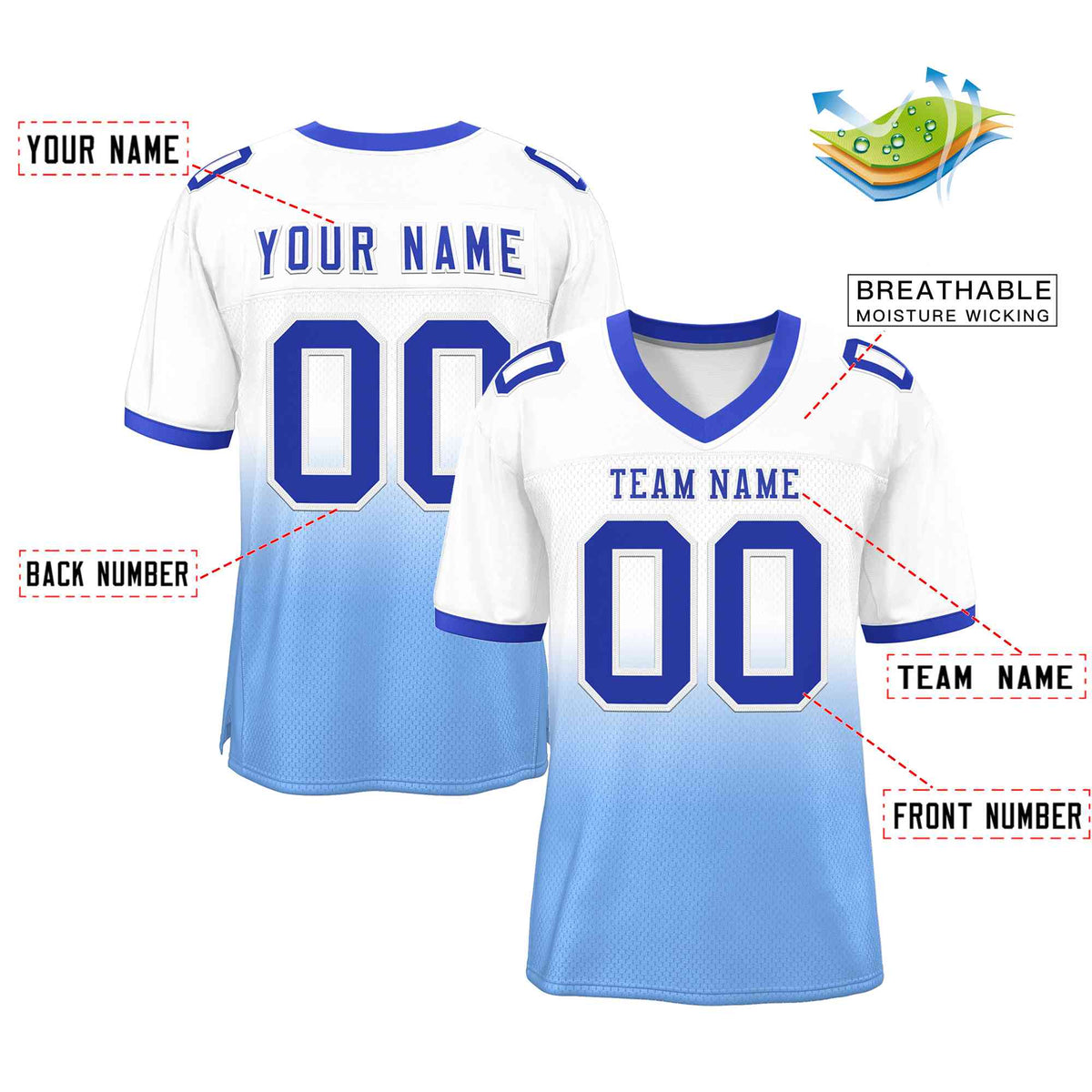 Custom White Light Blue Royal-White Gradient Fashion Outdoor Authentic American Football Jersey| KXKSHOP