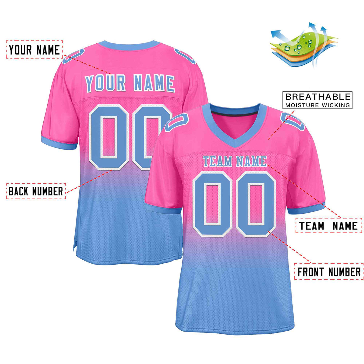 Custom Pink Light Blue-White Gradient Fashion Outdoor Authentic American Football Jersey| KXKSHOP