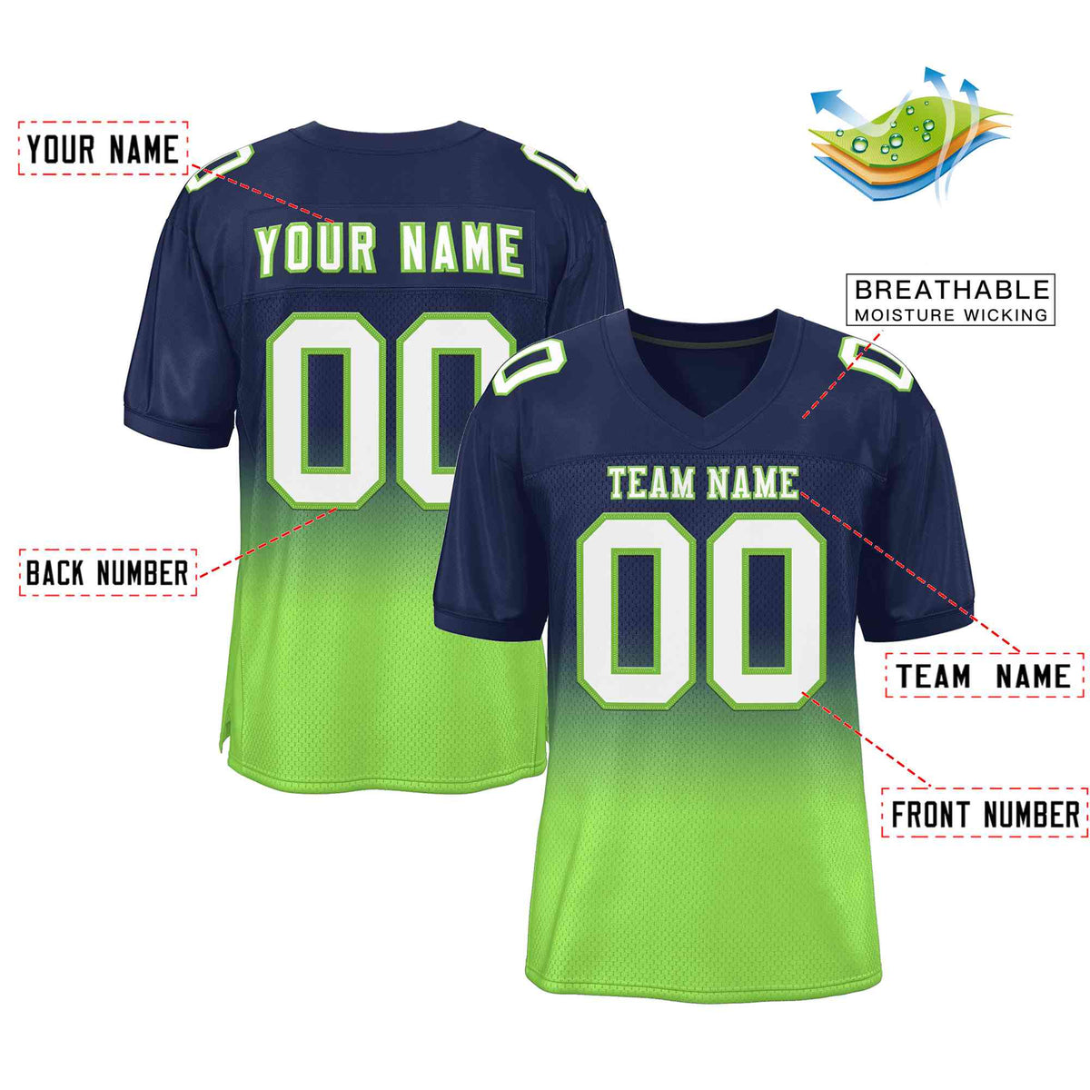 Custom Navy Neon Green White-Neon Green Gradient Fashion Outdoor Authentic American Football Jersey| KXKSHOP