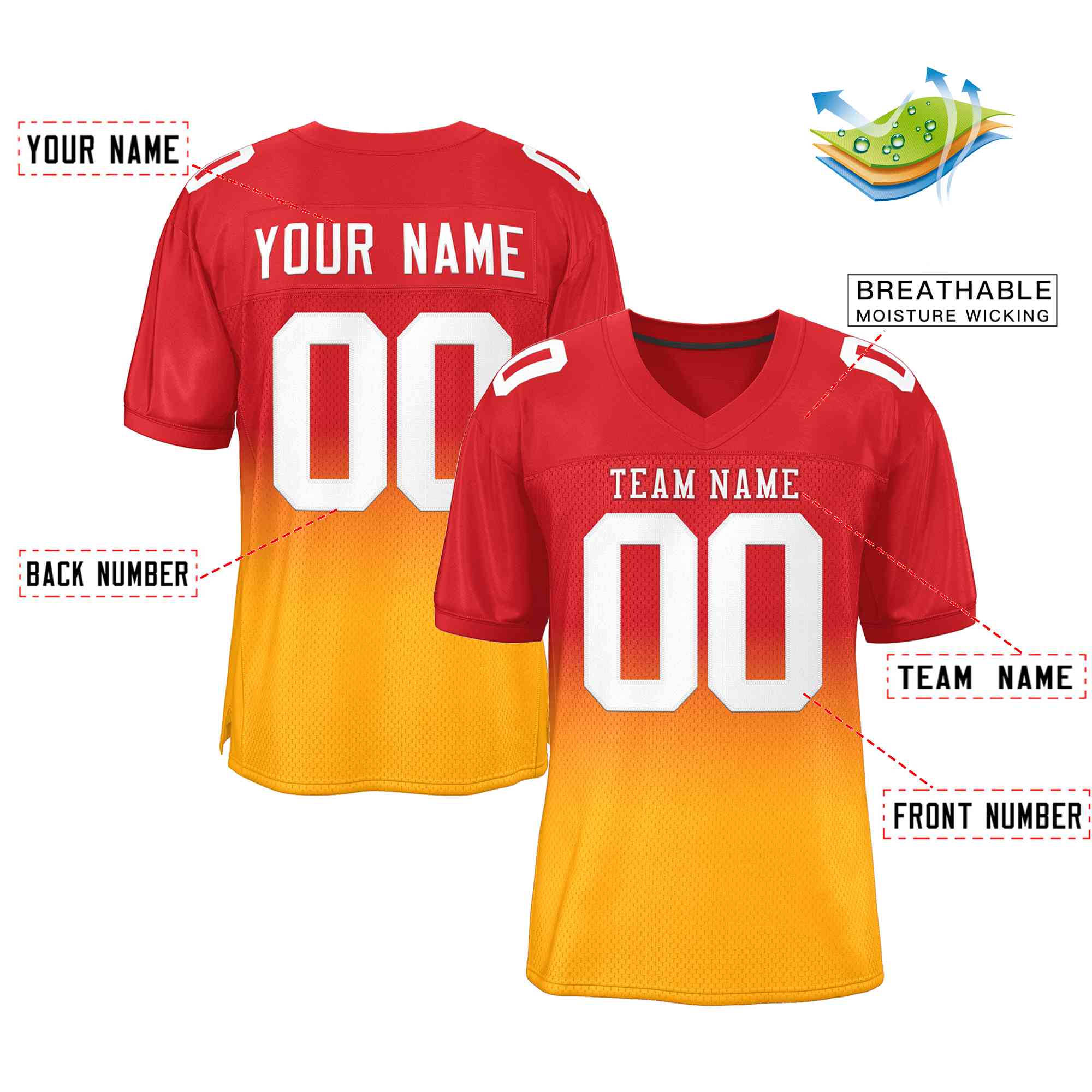 Custom Red Yellow-White Gradient Fashion Outdoor Authentic American Football Jersey| KXKSHOP