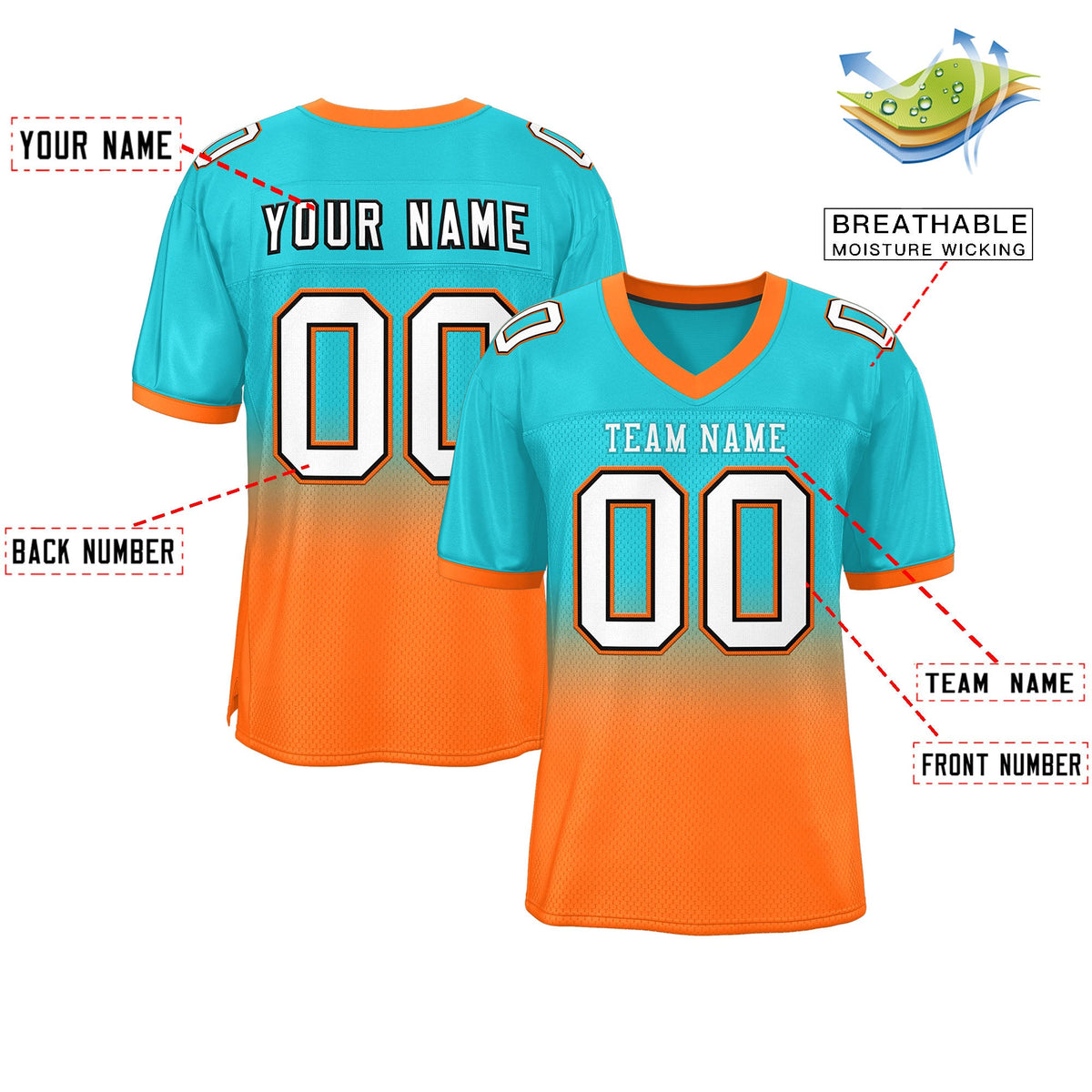 Custom Aqua Orange-White Gradient Fashion Outdoor Authentic American Football Jersey| KXKSHOP