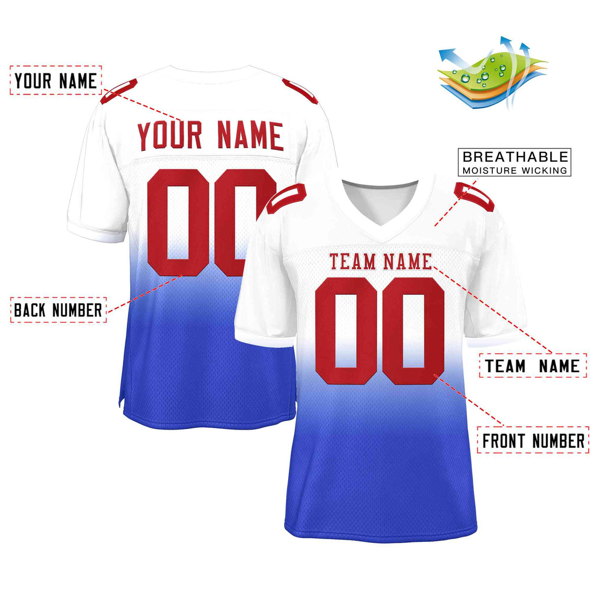 Custom White Royal Red-White Gradient Fashion Outdoor Authentic American Football Jersey| KXKSHOP