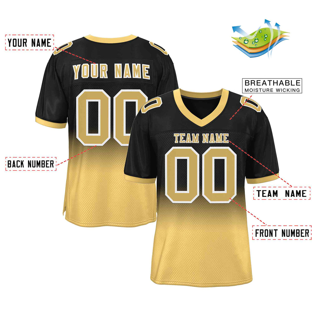 Custom Black Old Gold-White Gradient Fashion Outdoor Authentic American Football Jersey| KXKSHOP