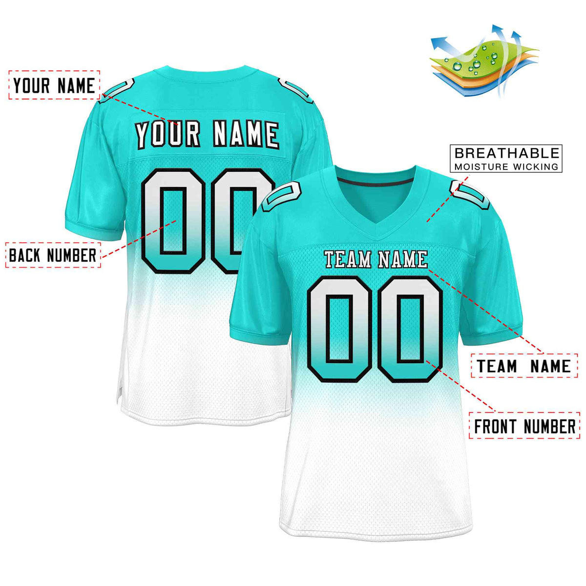 Custom Aqua White-Black Gradient Fashion Outdoor Authentic American Football Jersey| KXKSHOP
