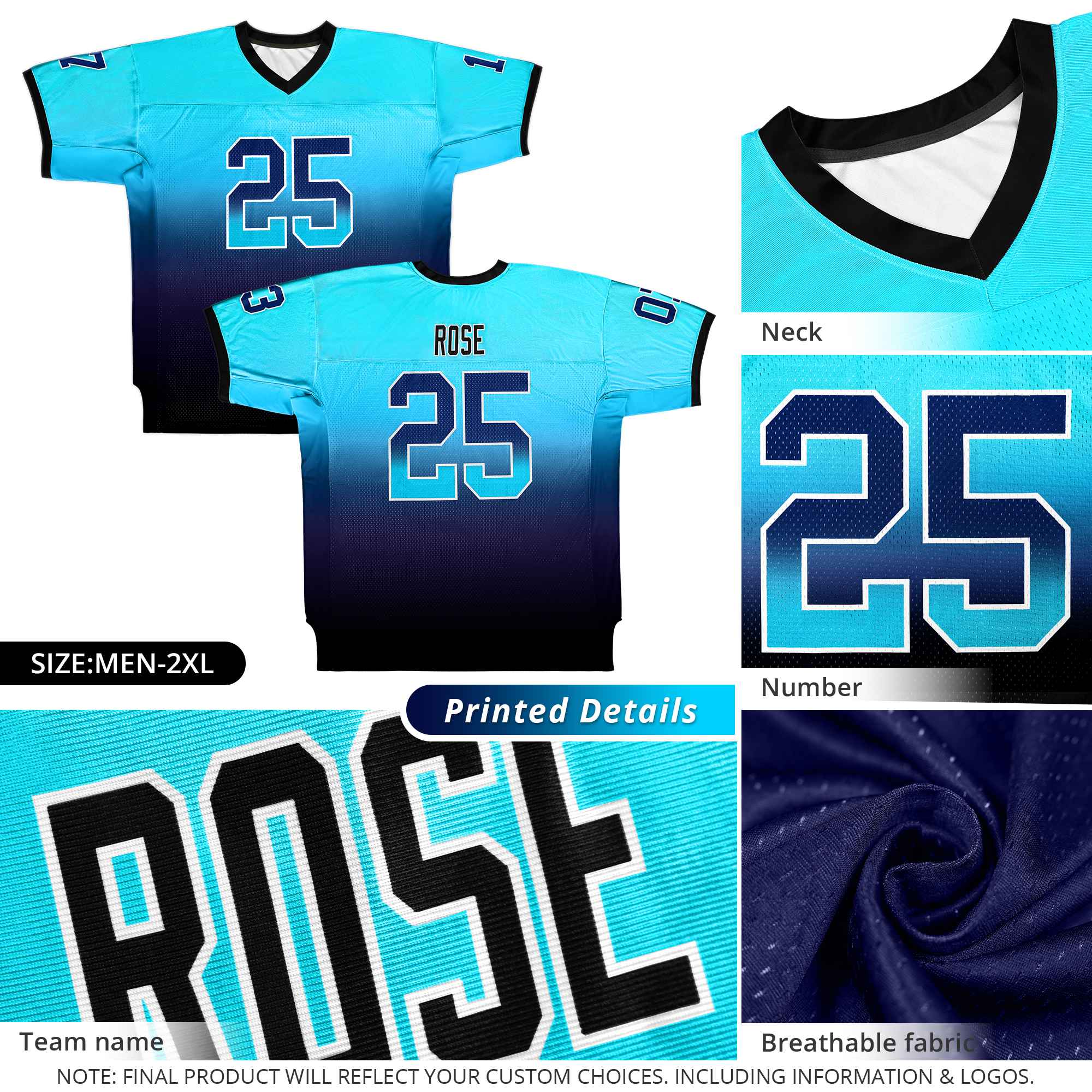 Custom Aqua Light Red White-Black Gradient Fashion Outdoor Authentic American Football Jersey| KXKSHOP
